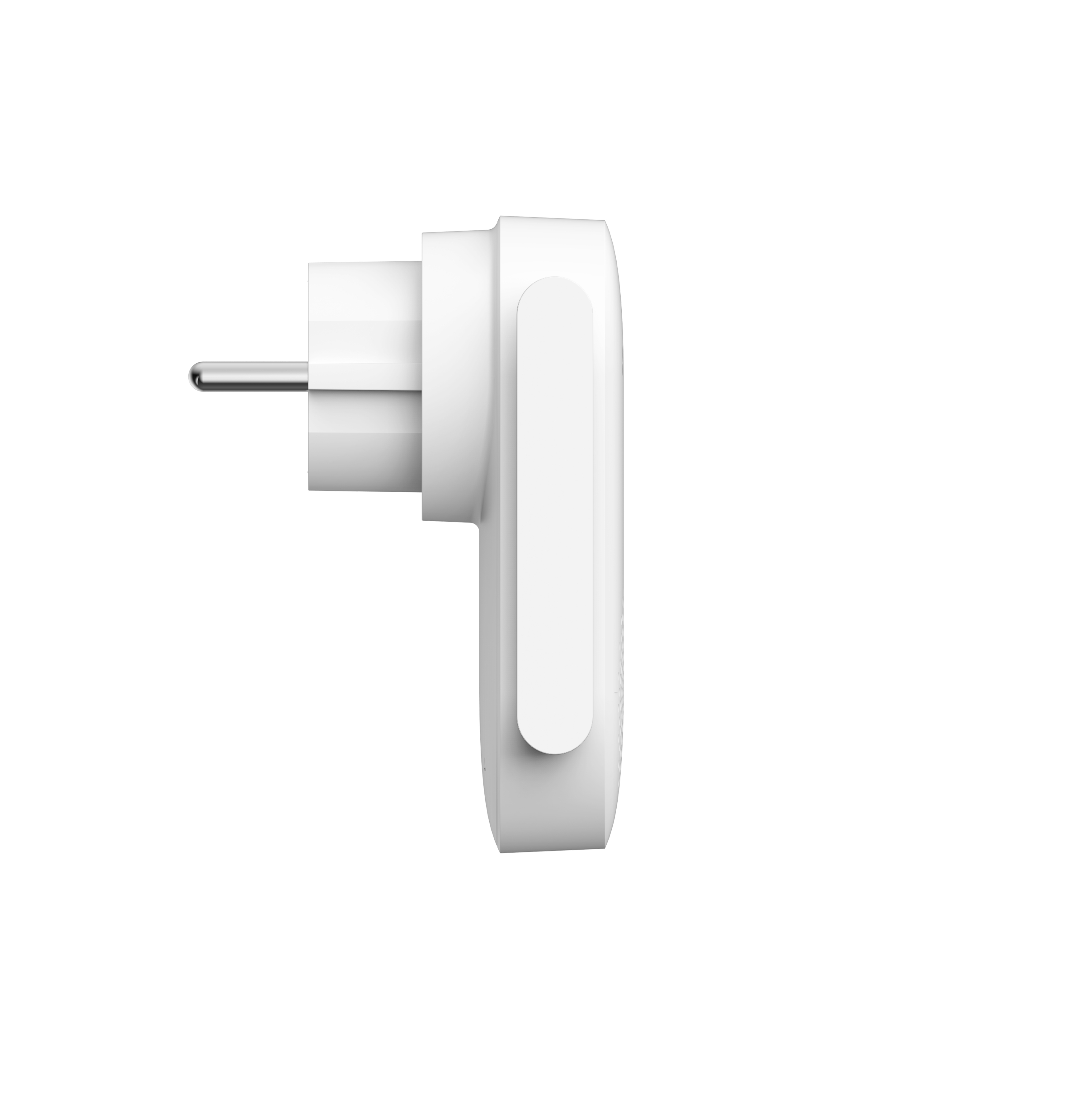 Ein weißer Stecker mit einem Metallstift ragt aus einem Gehäuse.