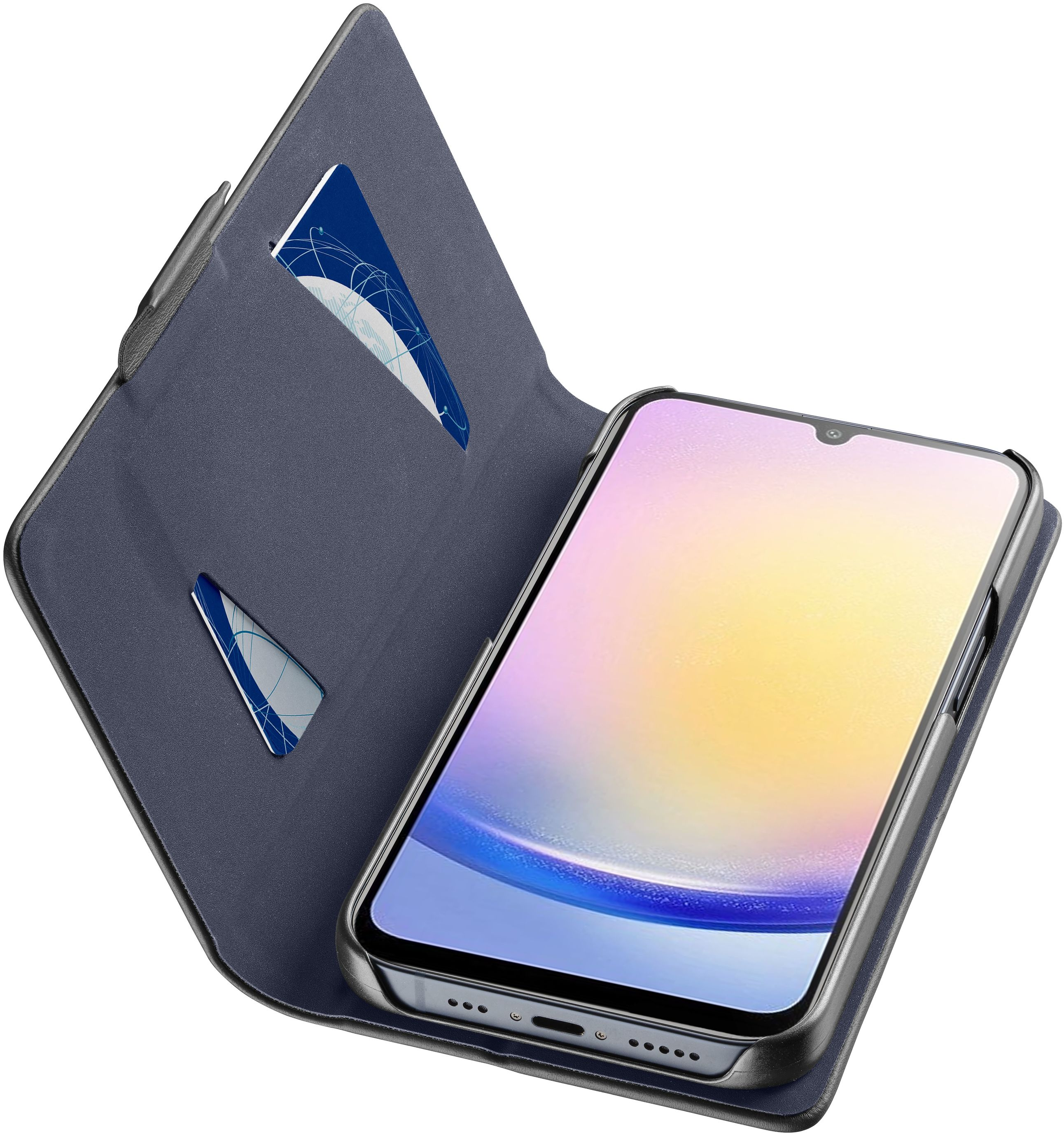 Un étui portefeuille bleu pour téléphone avec deux fentes pour cartes et un smartphone.