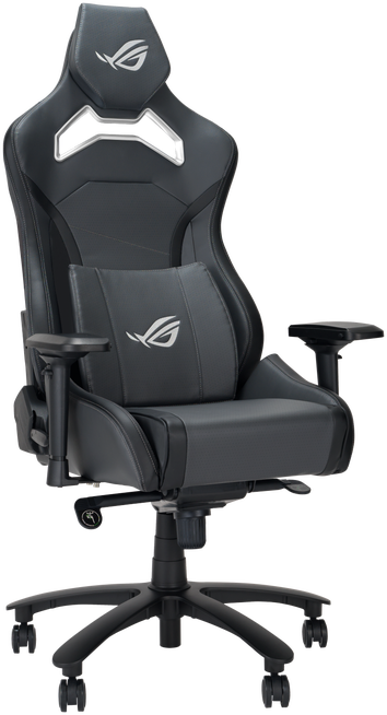 Un fauteuil gaming noir avec des accents argentés et un logo.