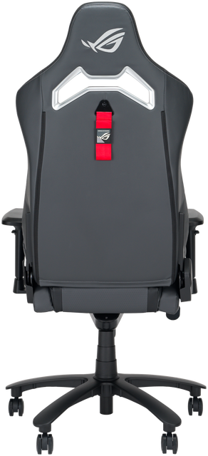 Vue arrière d'un fauteuil gaming noir avec sangle rouge et logo ROG.