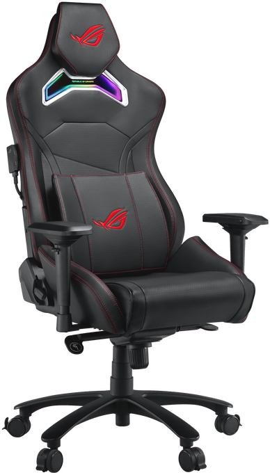 Una sedia da gaming nera con cuciture rosse, logo ROG e illuminazione RGB.