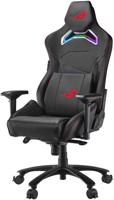 Sedia da gaming nera con cuciture rosse e logo ROG illuminato.