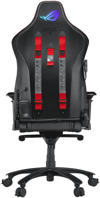 Sedia gaming nera con cinghie rosse e logo ROG.