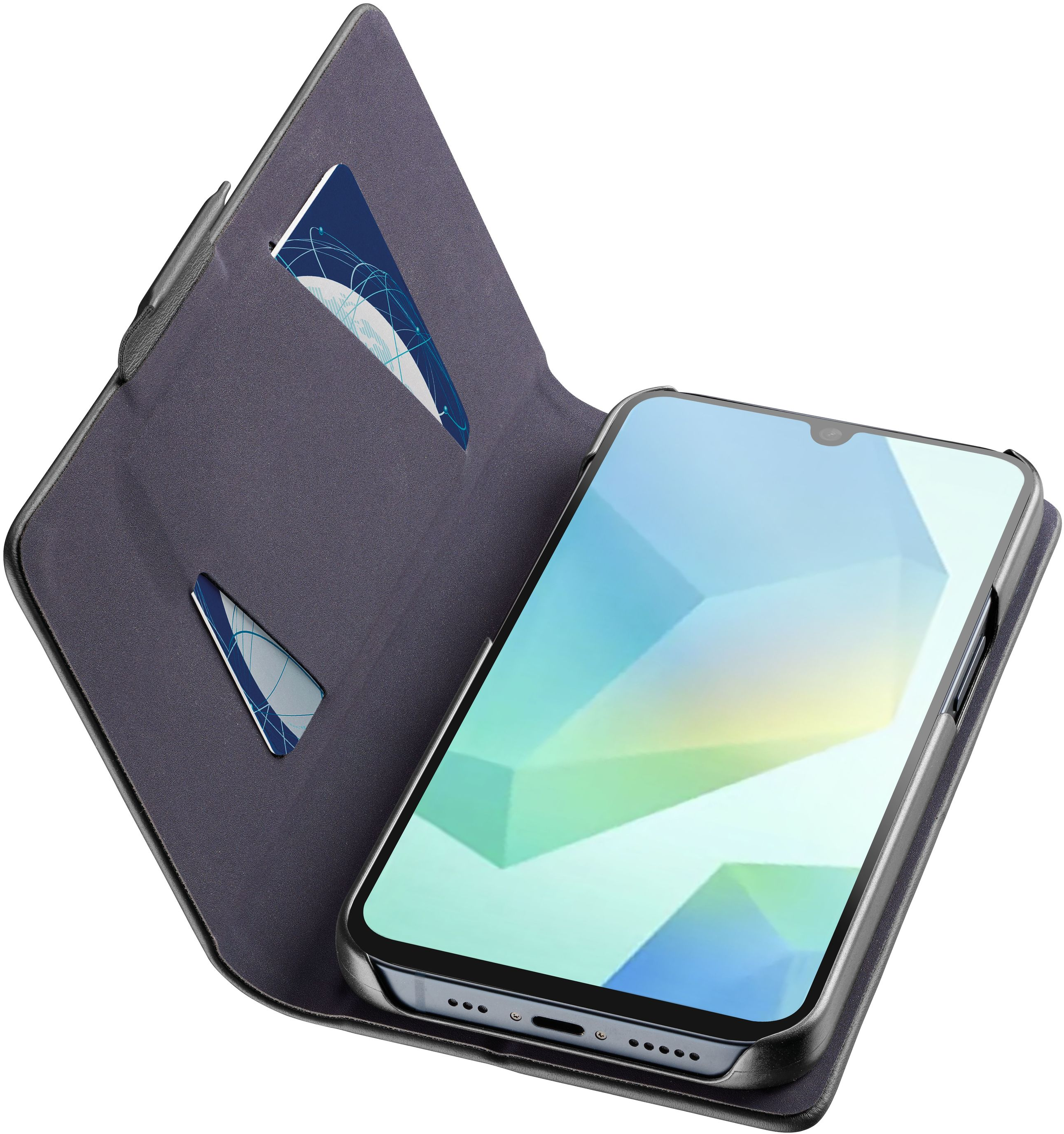 Un étui à rabat de téléphone portable gris ouvert avec deux fentes pour cartes et un smartphone.