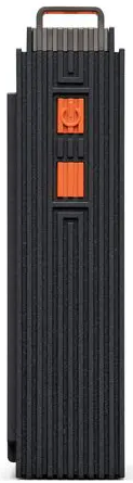Dispositivo nero con accenti arancioni e maniglia. Scanalature verticali sul lato.