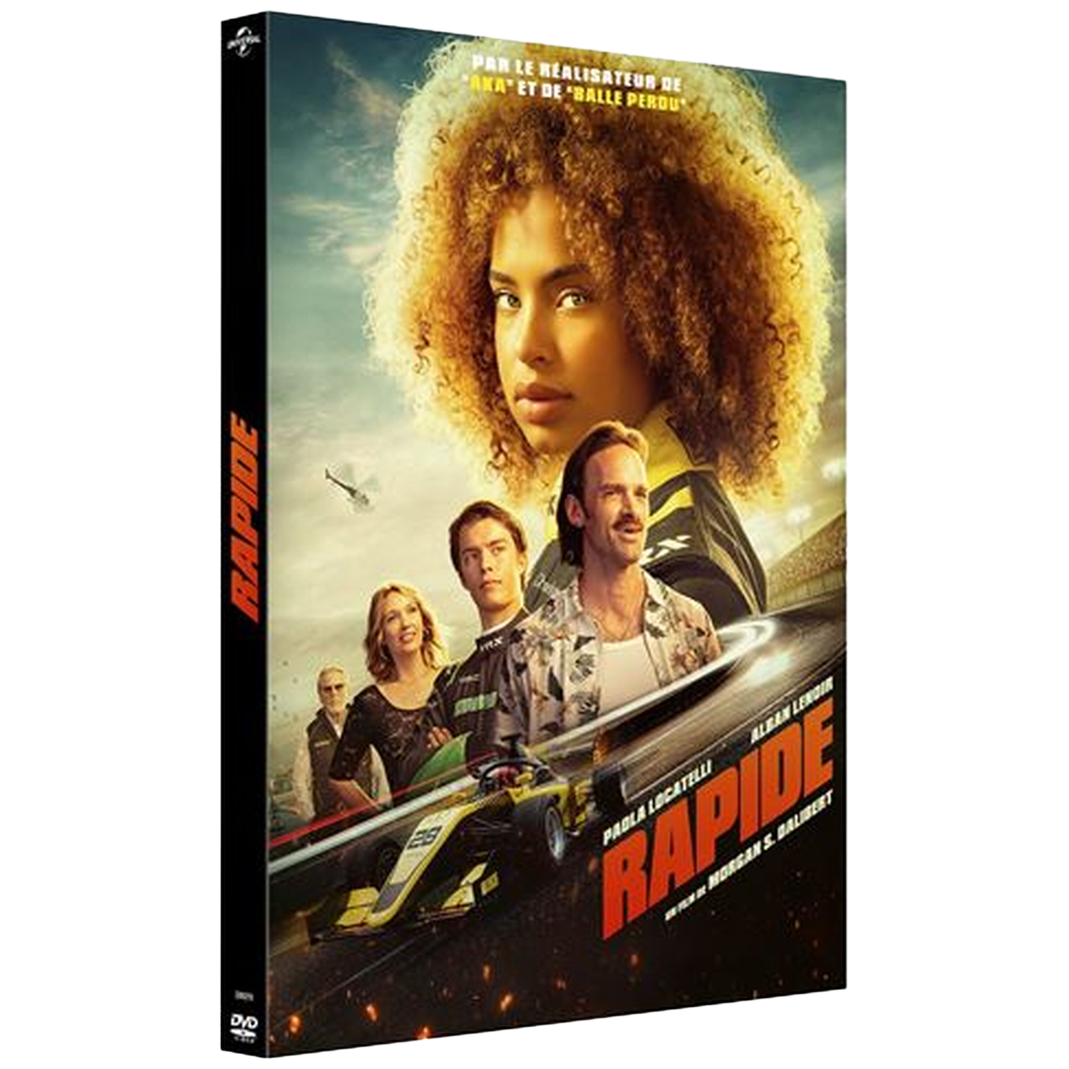 Affiche du film "Rapide" : Jeune femme afro, pilote de course, voiture et hélicoptère.