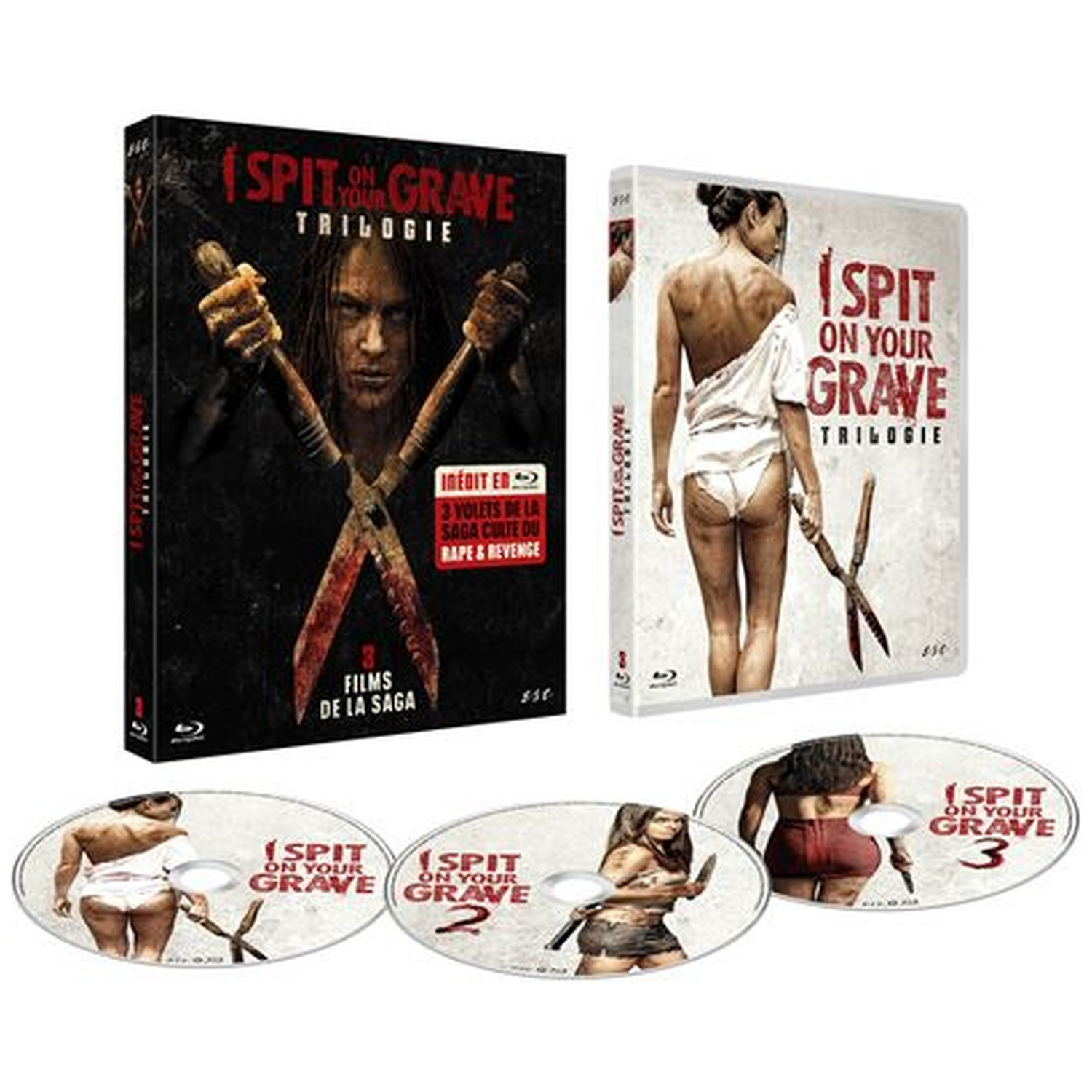 Le coffret Blu-ray de la Trilogie 'I Spit On Your Grave' avec trois disques.