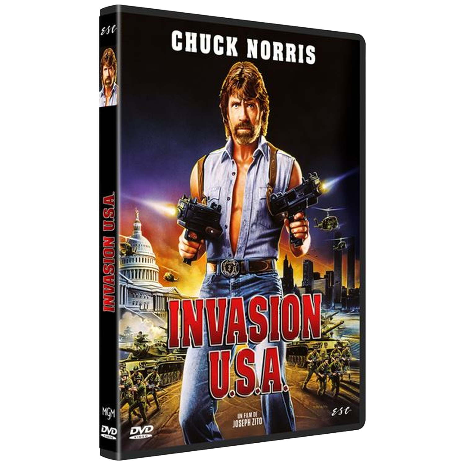 Chuck Norris tenant deux pistolets avec des chars et hélicoptères en arrière-plan.