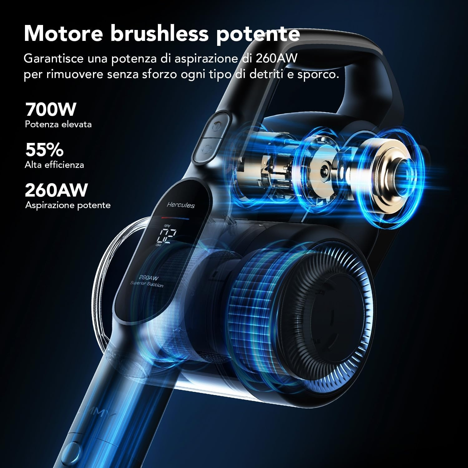 Potente motore brushless con 260AW di aspirazione, mostra dettagli tecnici.