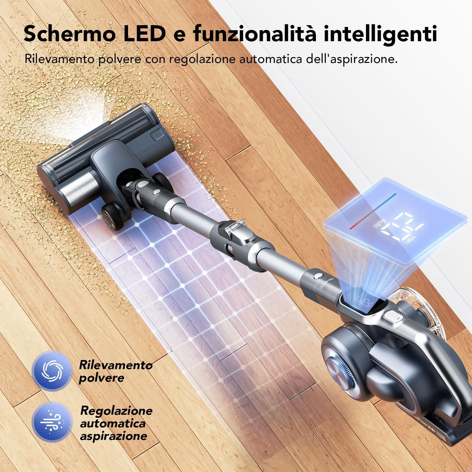 Un aspirapolvere senza fili con display LED su pavimento in legno, aspira polvere.