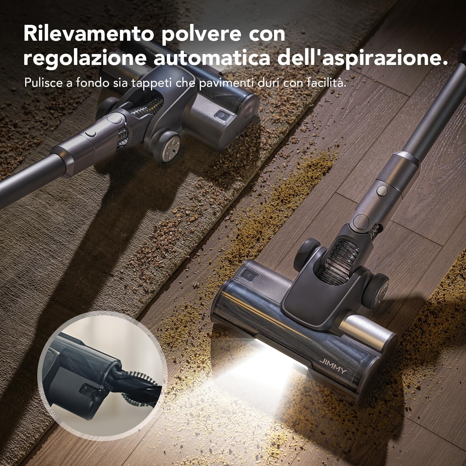 Un aspirapolvere con luce LED pulisce tappeti e pavimenti in legno.