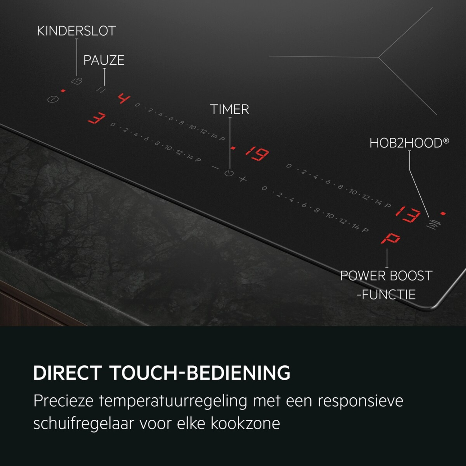Induction hob control panel with red digits, buttons, and symbols.