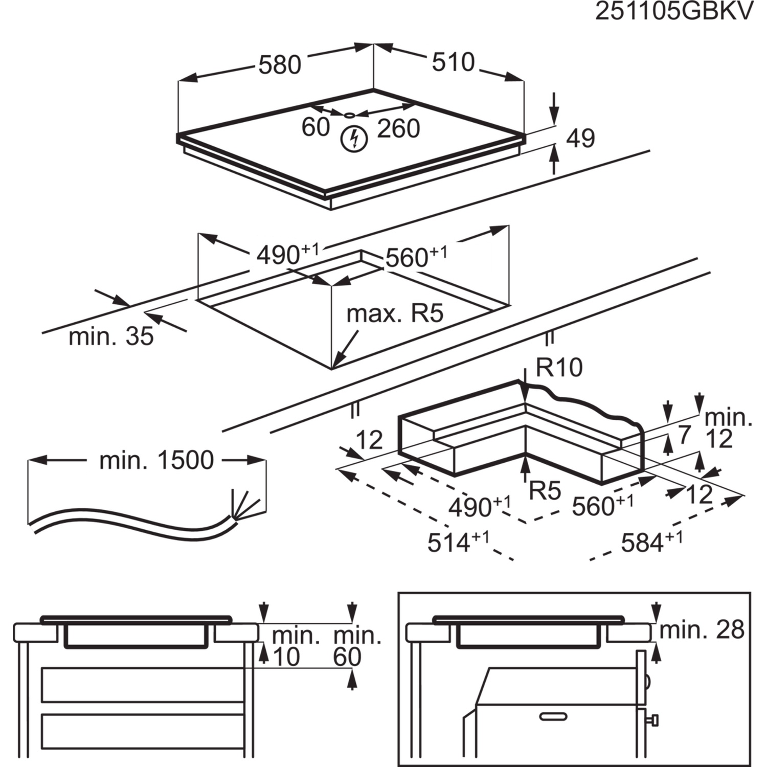 Technical drawing of a hob with installation dimensions and clearances.