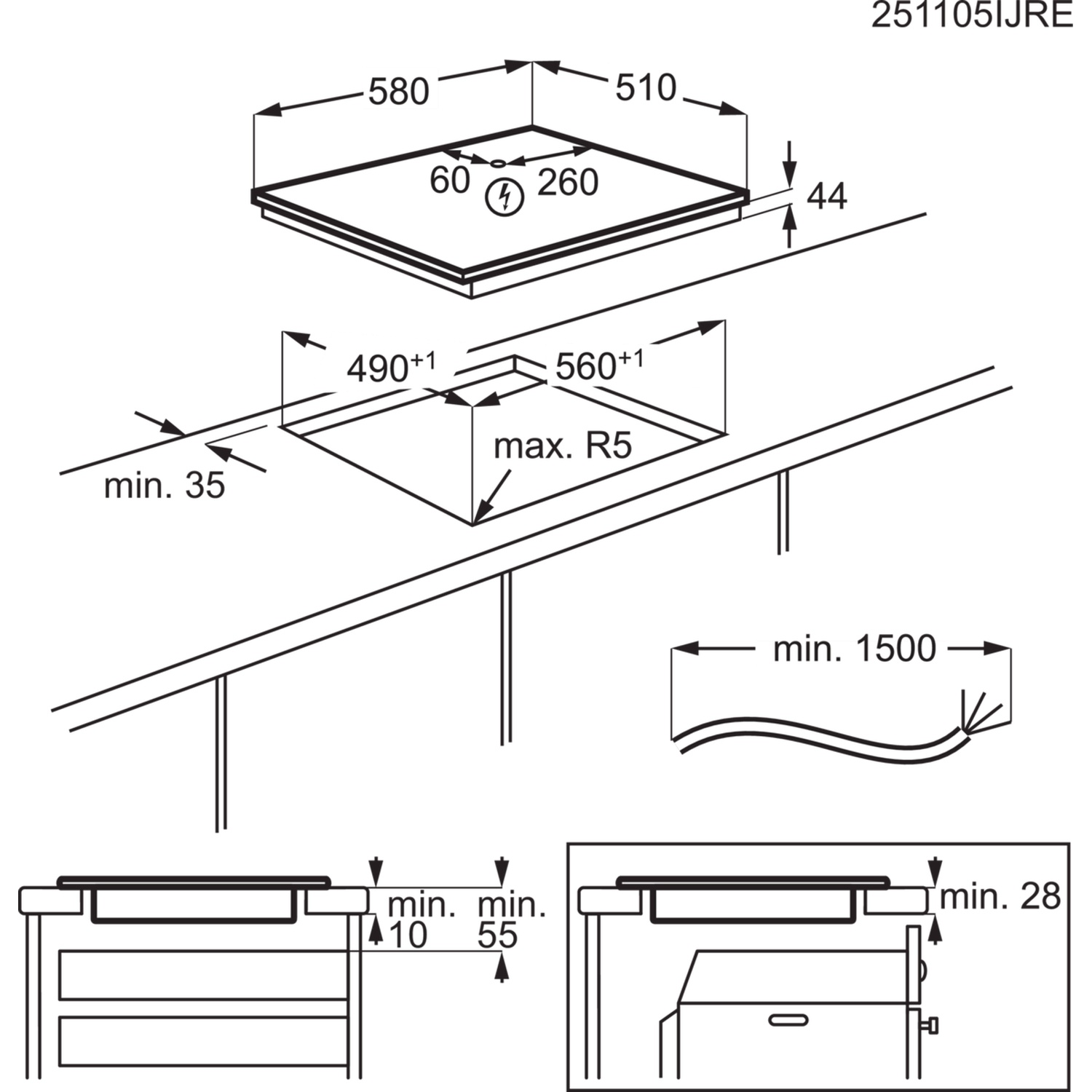 Installation diagram of a cooktop with dimensions for fitting and clearance.