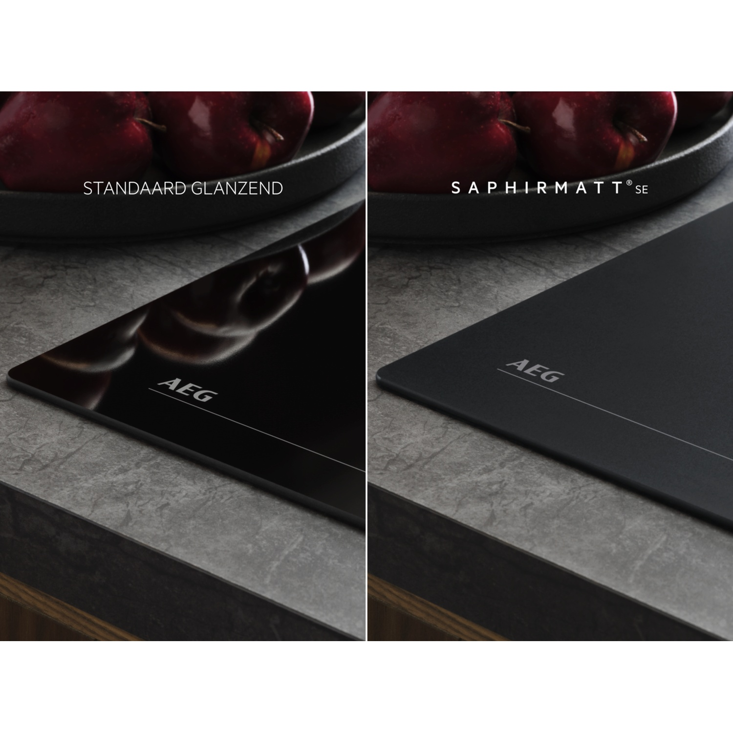Two AEG induction hobs side-by-side: left glossy with apples, right matte.