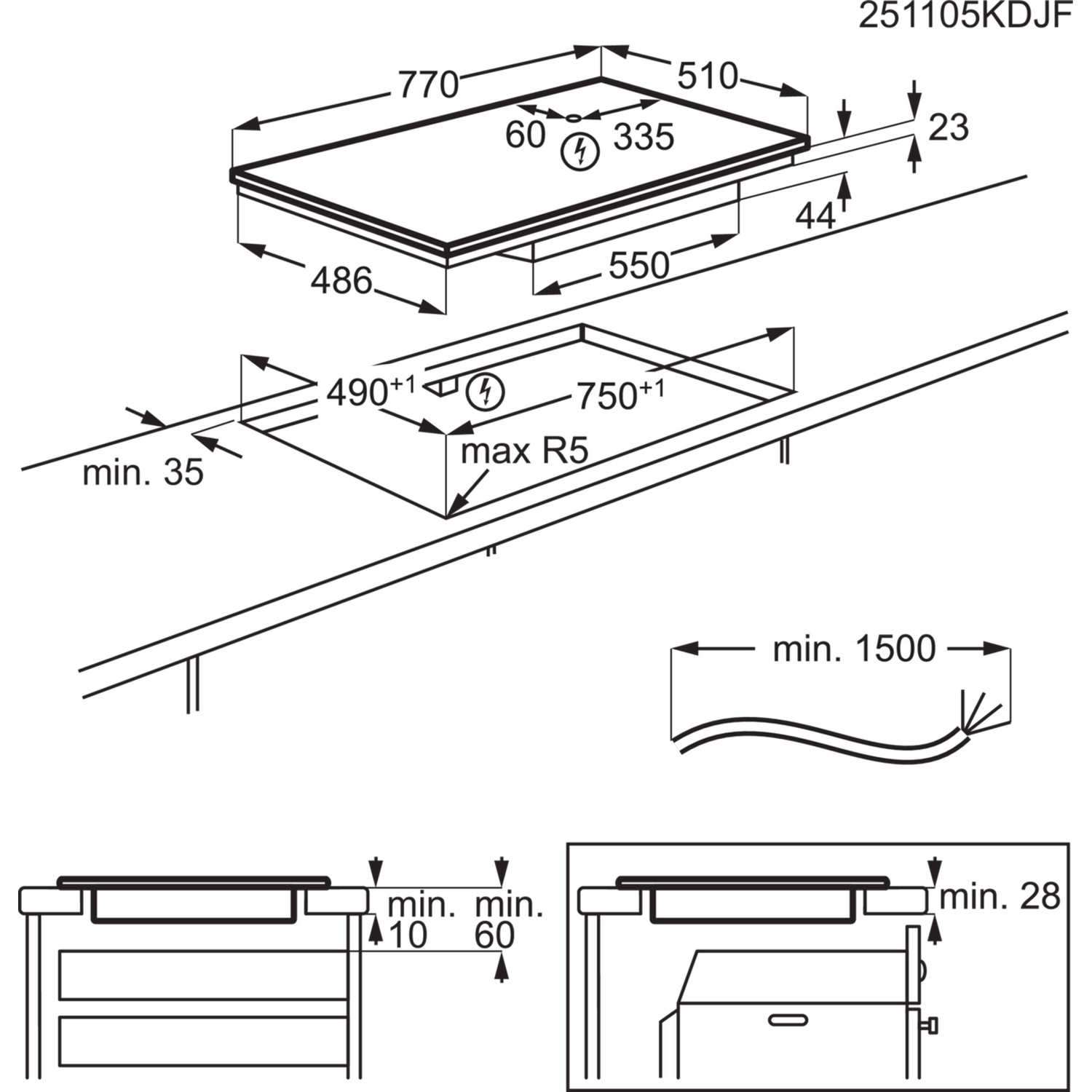 Plaque de cuisson encastrable avec dimensions et instructions.
