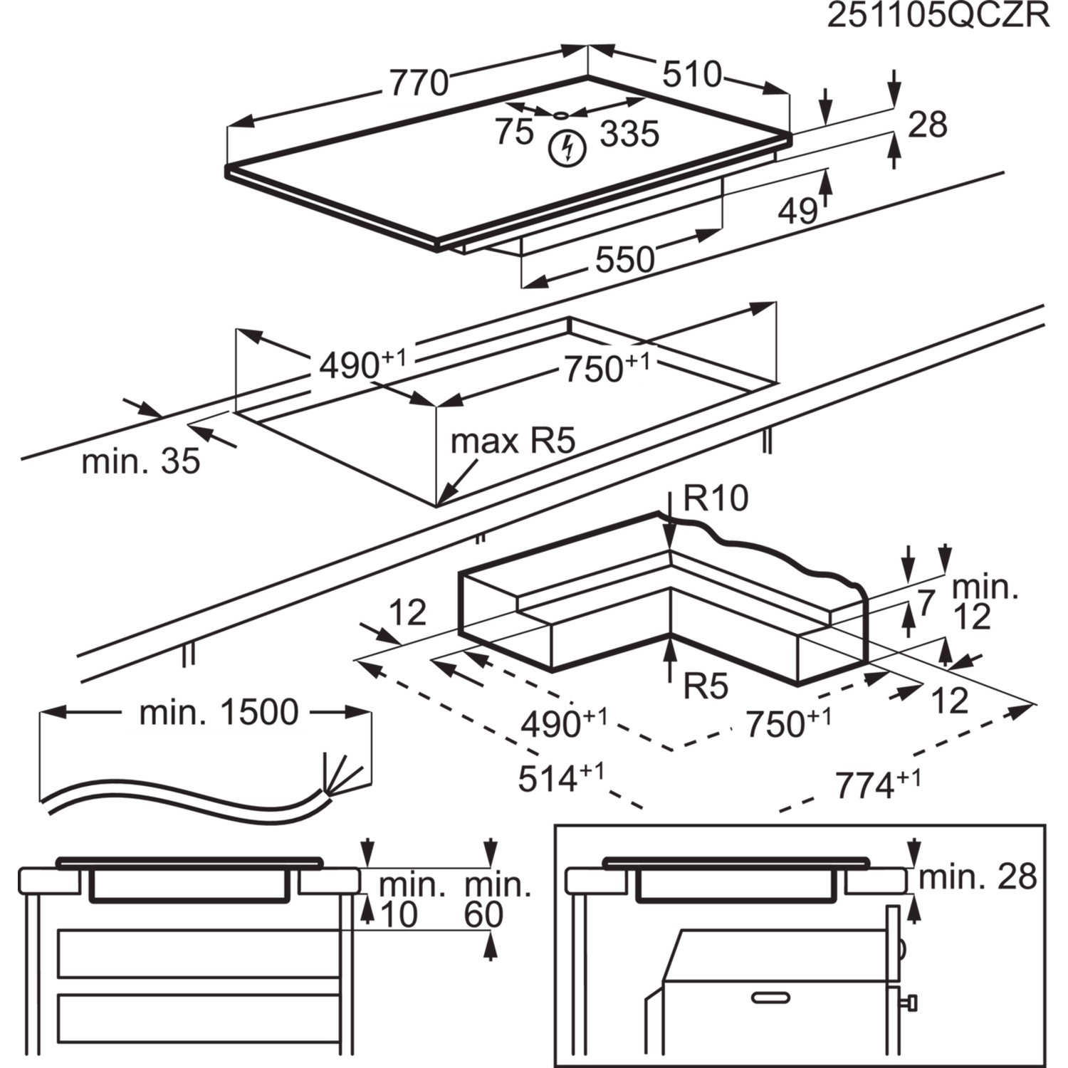 Dessin technique avec dimensions pour appareils de cuisine intégrés et découpes.