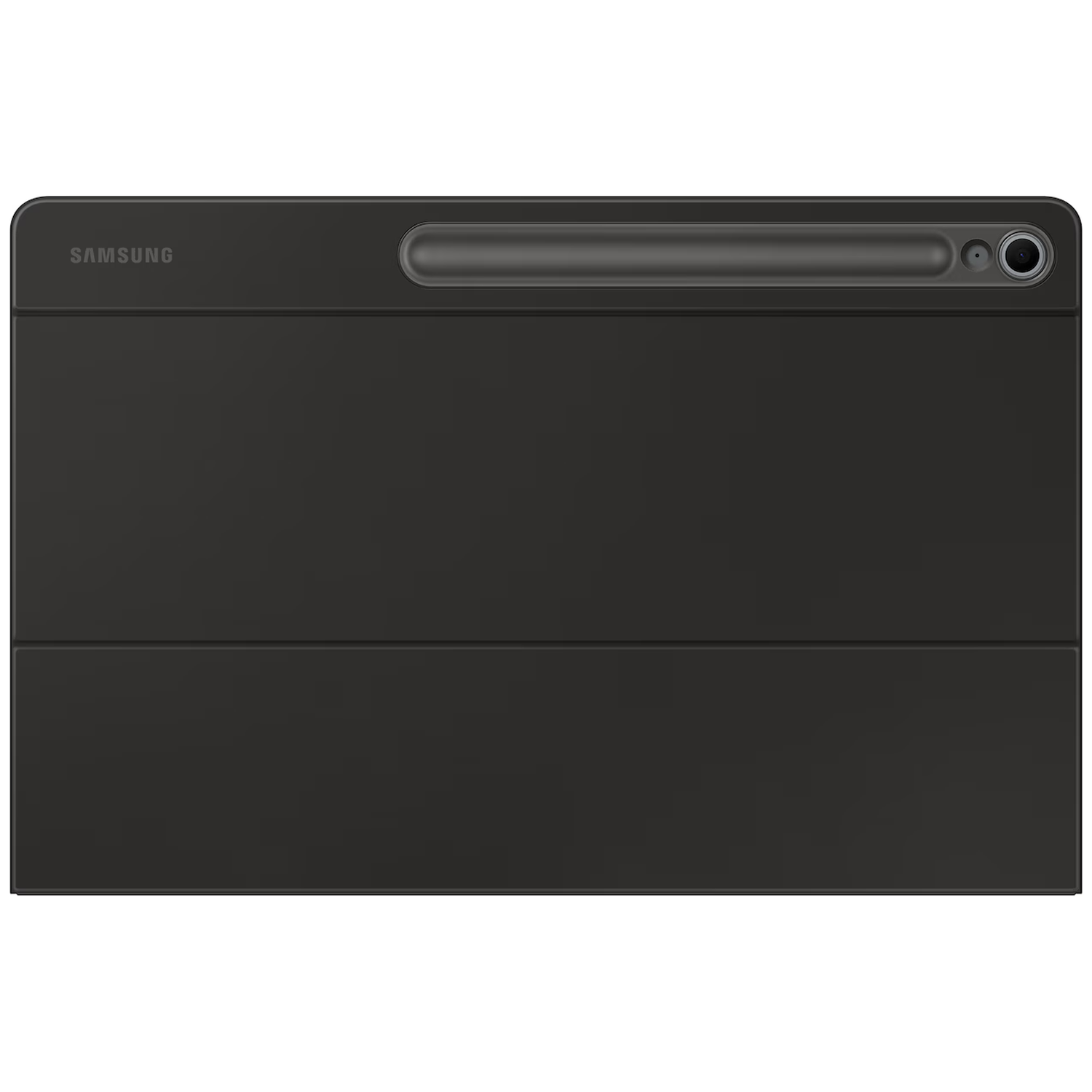 Black Samsung tablet cover with camera cutout and stylus holder.