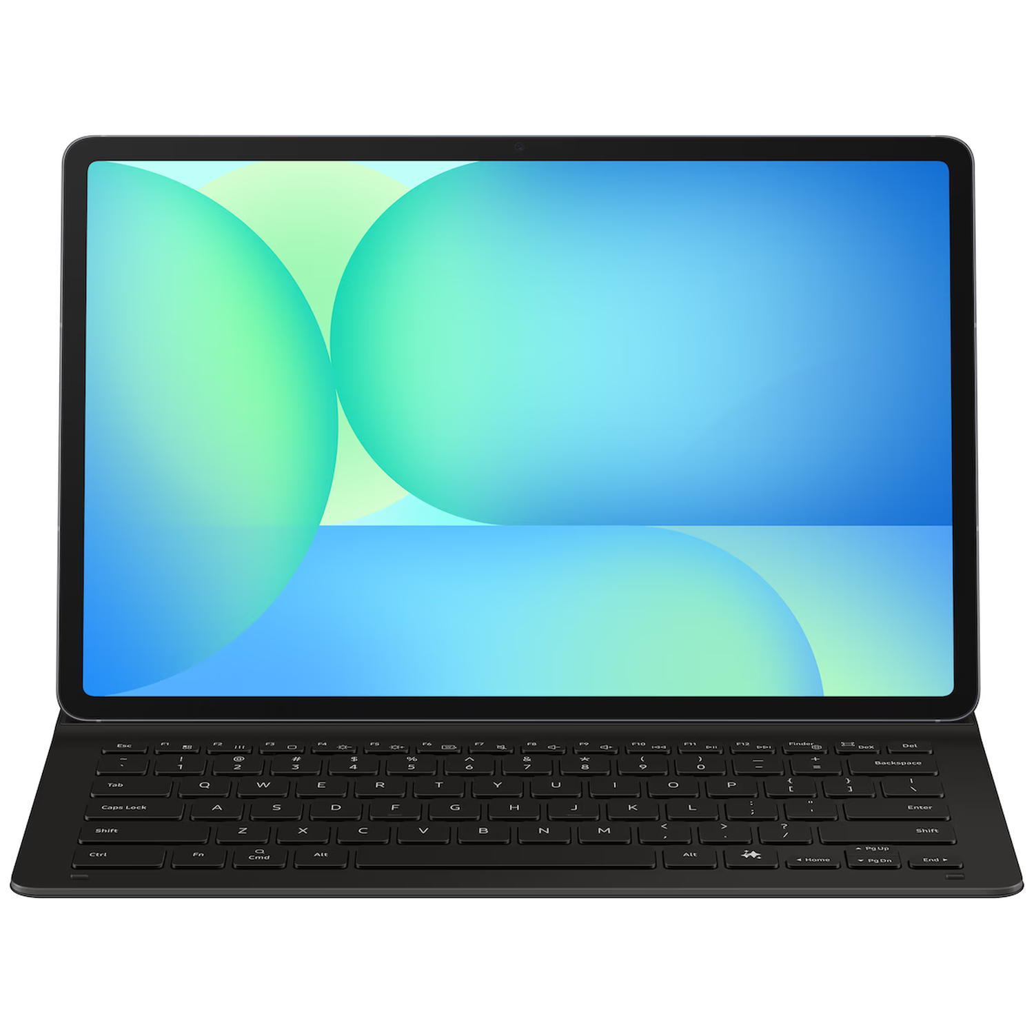 A black tablet with a keyboard attachment displaying a colorful abstract wallpaper.