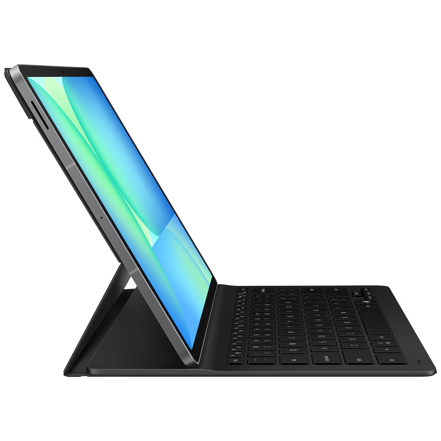 An open tablet with a black keyboard in a stand. Light background.