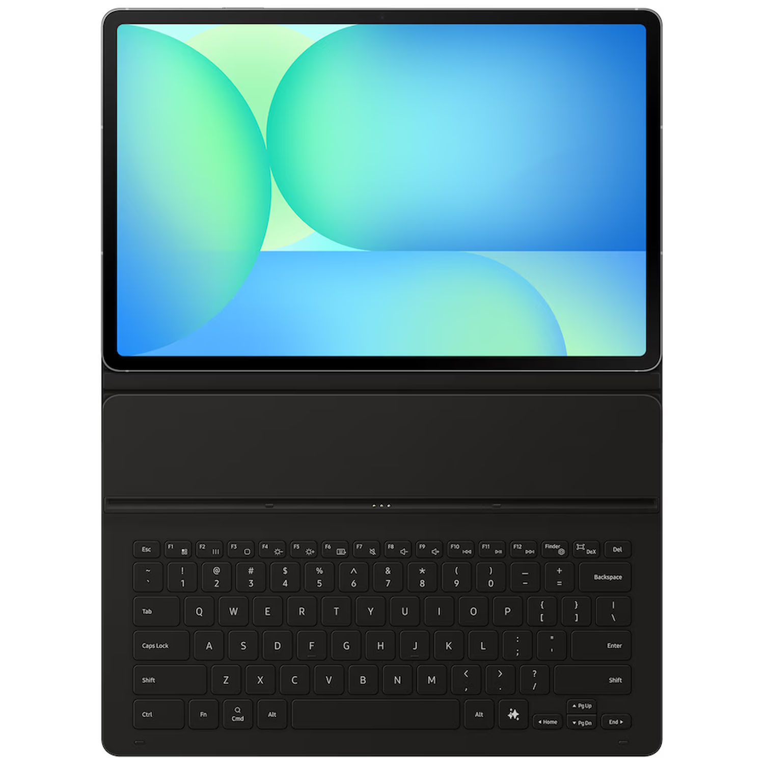 A black tablet with an attached keyboard displays an abstract background.
