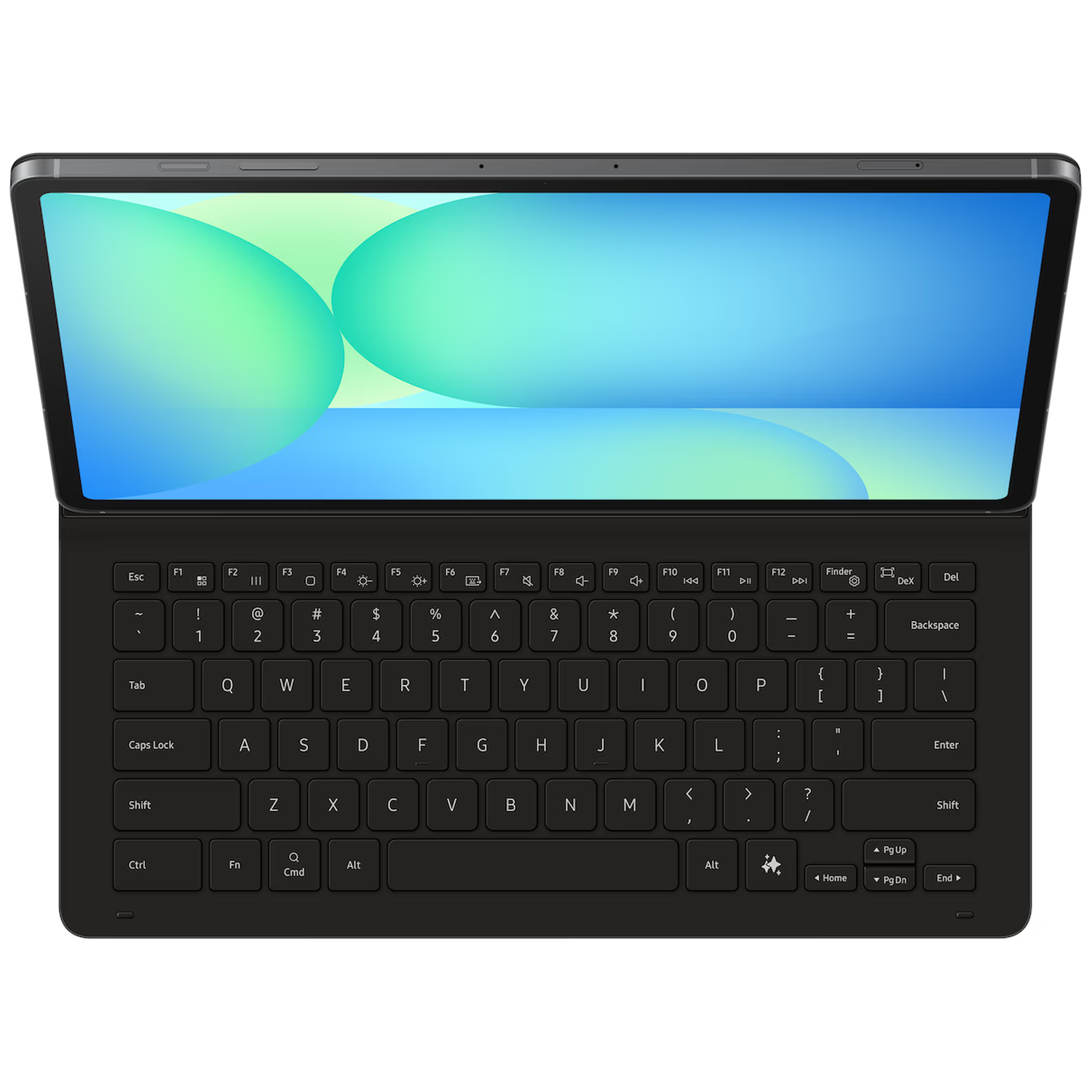 An open black tablet with an attached keyboard. Bright screen with blue and green circles.