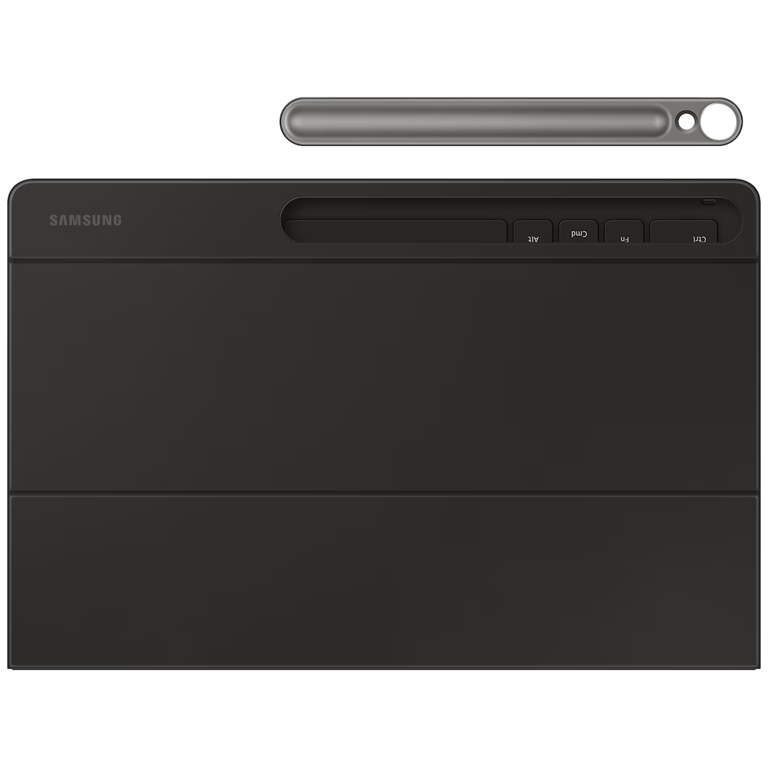 A black Samsung tablet cover with a silver stylus positioned above it.