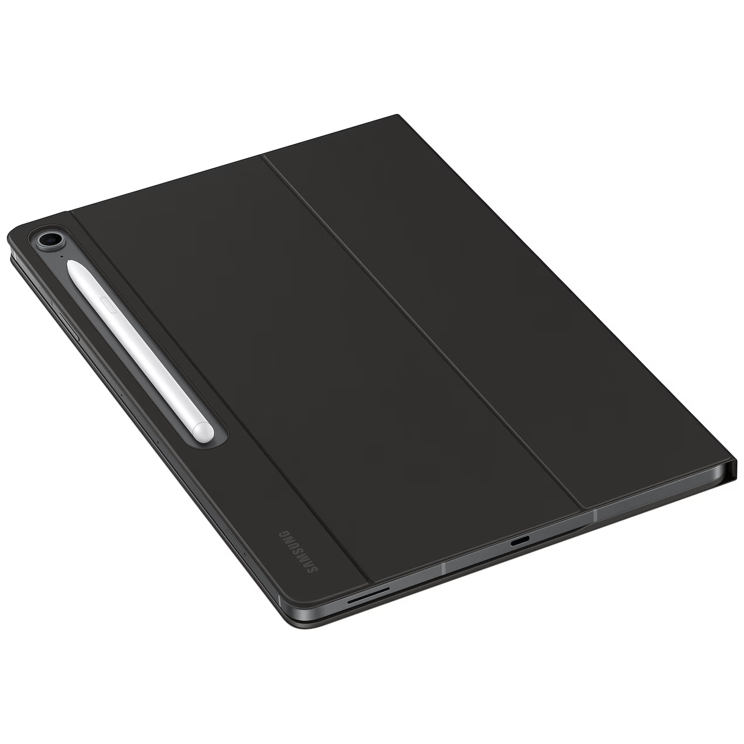 Black tablet with stylus and case, on a white background.