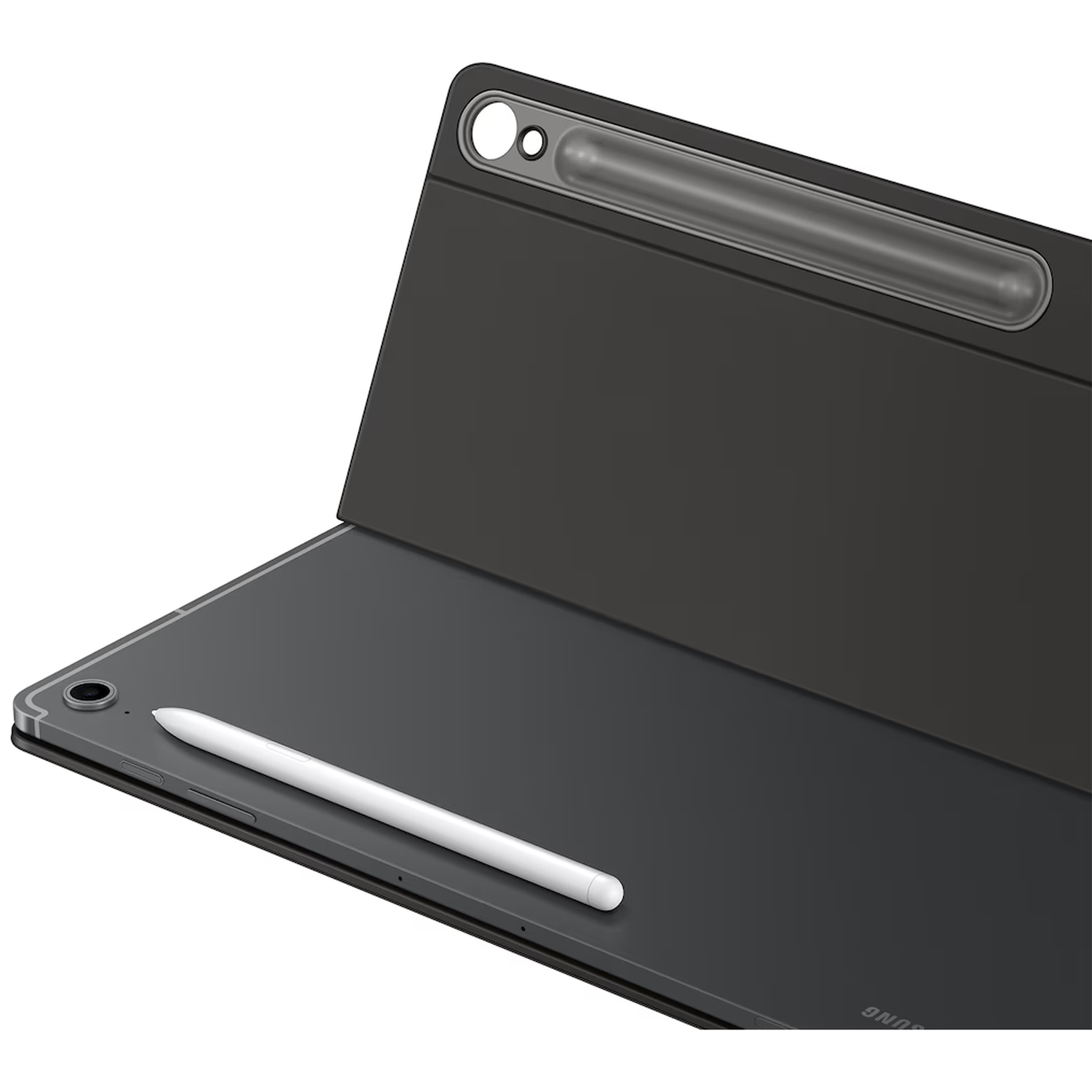 A black tablet with a white stylus and a rear camera, shown at an angle.