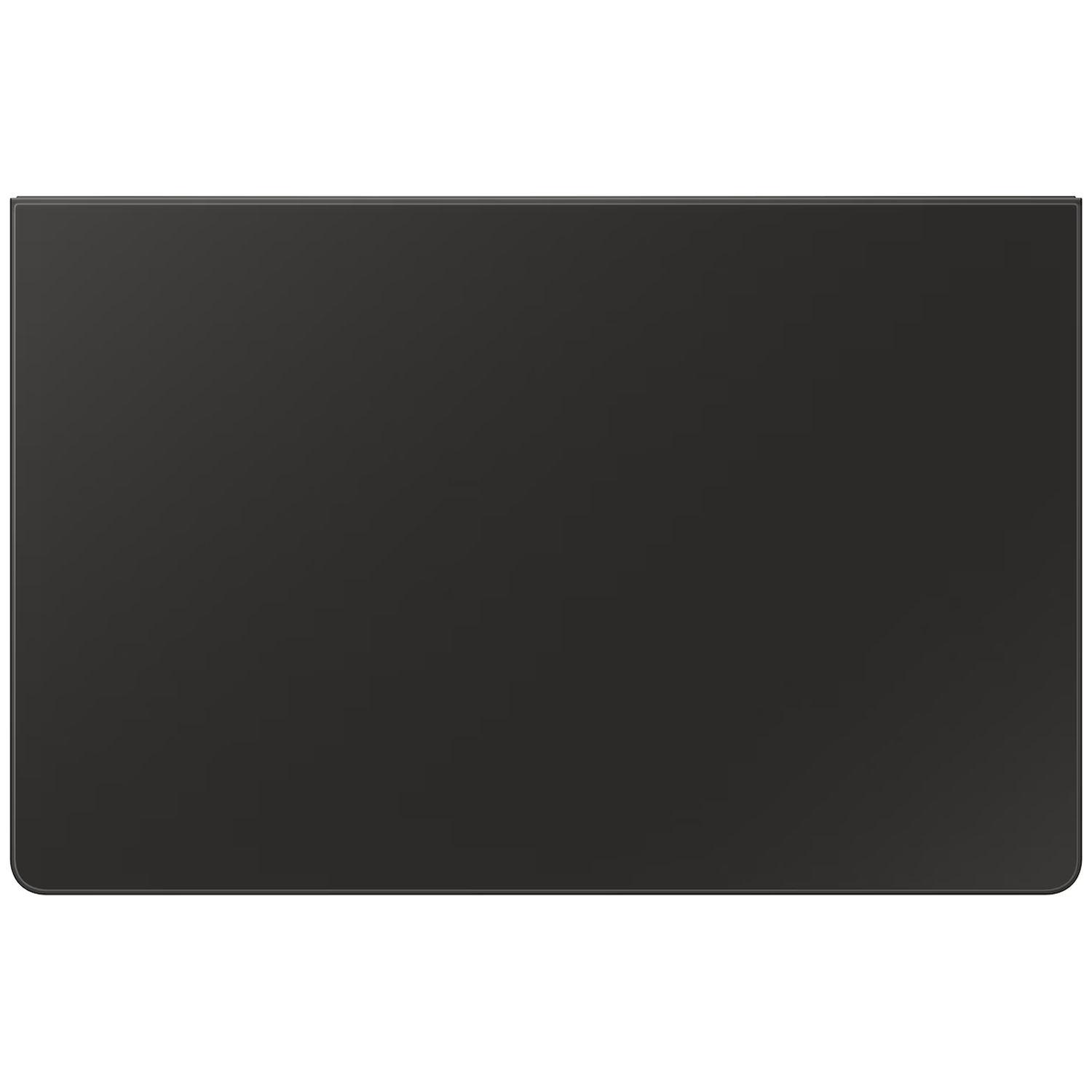 A dark, rectangular object with rounded corners lies on a white background.
