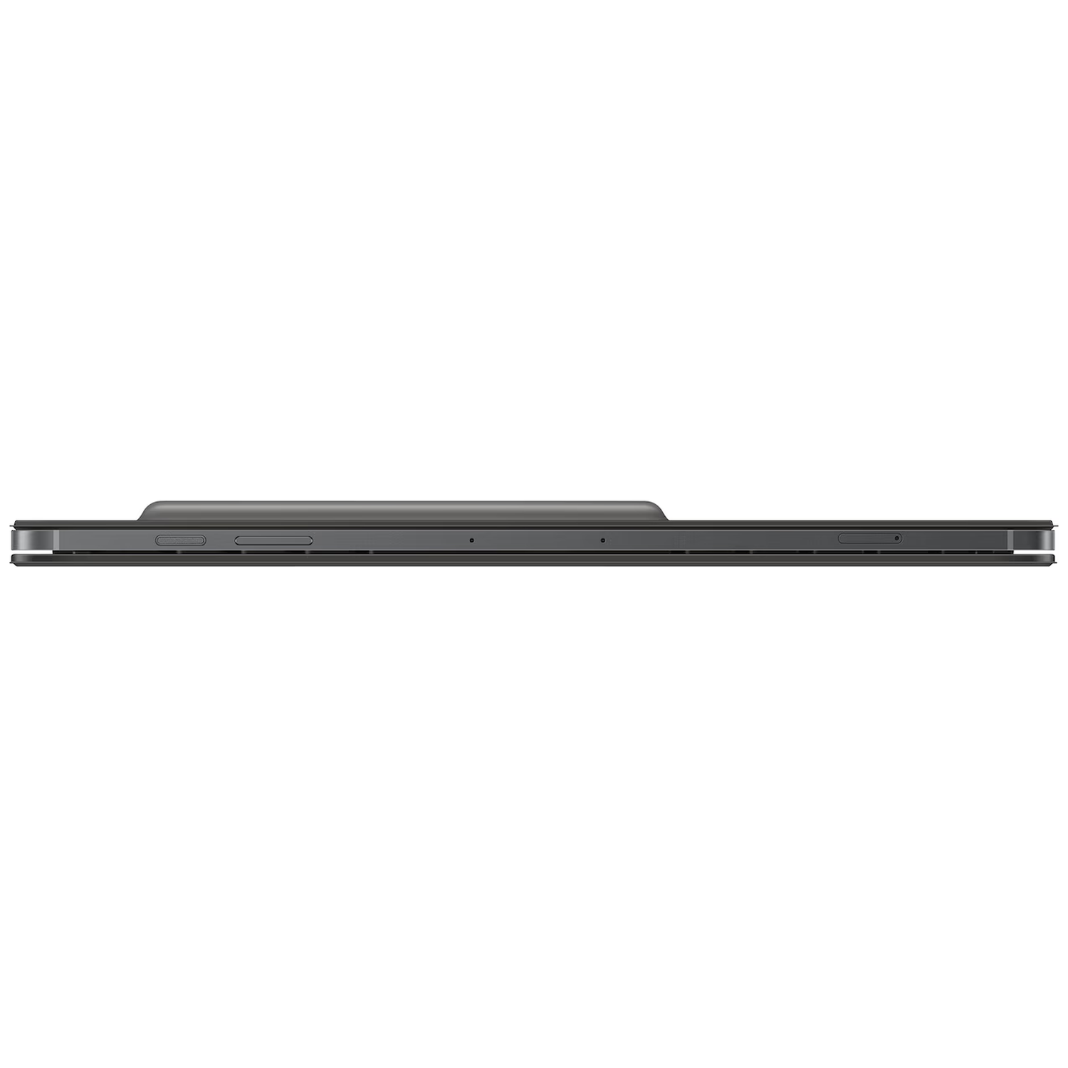 A gray tablet with attached accessory, side view.