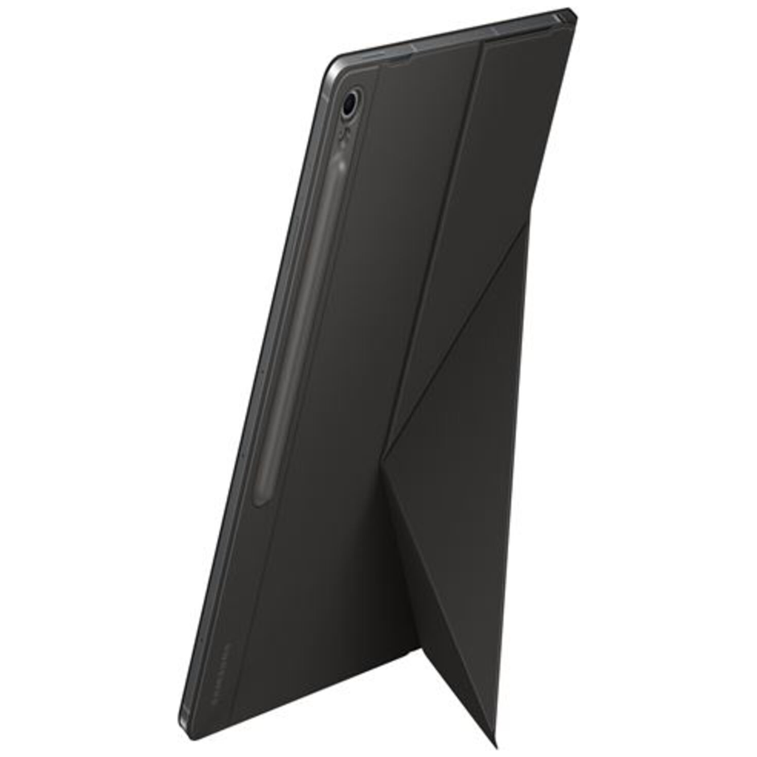 A black tablet with its stand propped up, resting on a white surface.