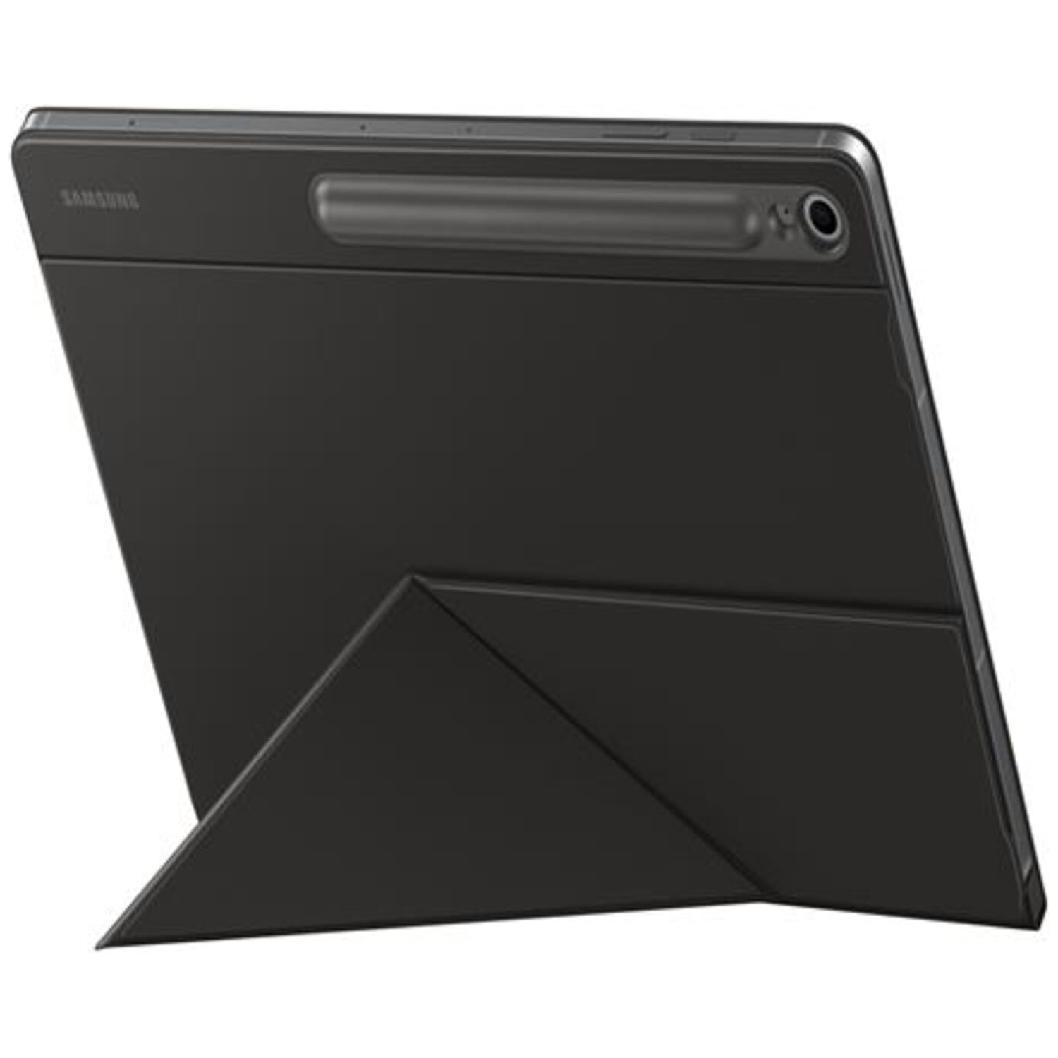 A black tablet with a foldable stand and S Pen holder.