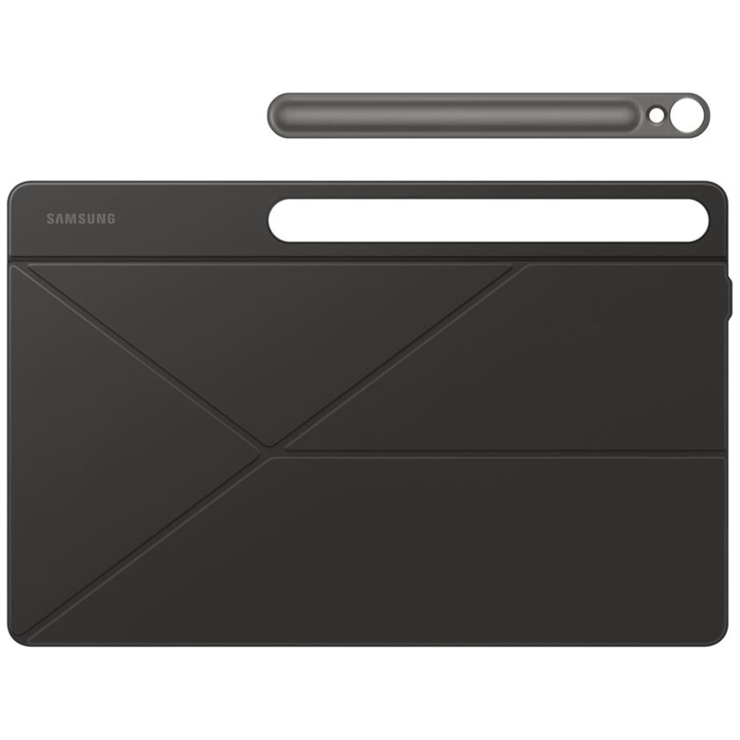 A dark gray Samsung tablet case with a stylus is shown against a white background.