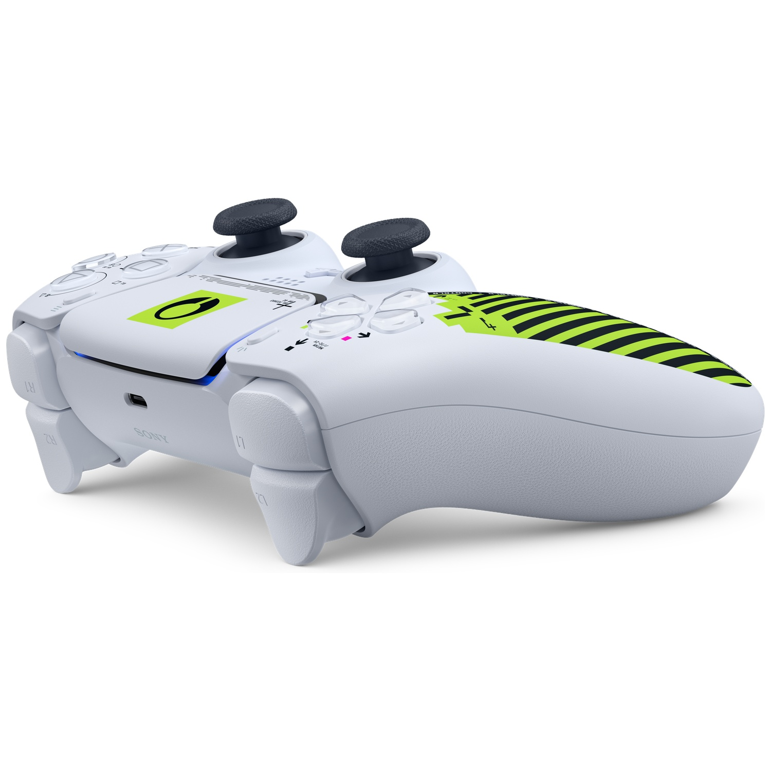 White game controller with black and green striped design accents.
