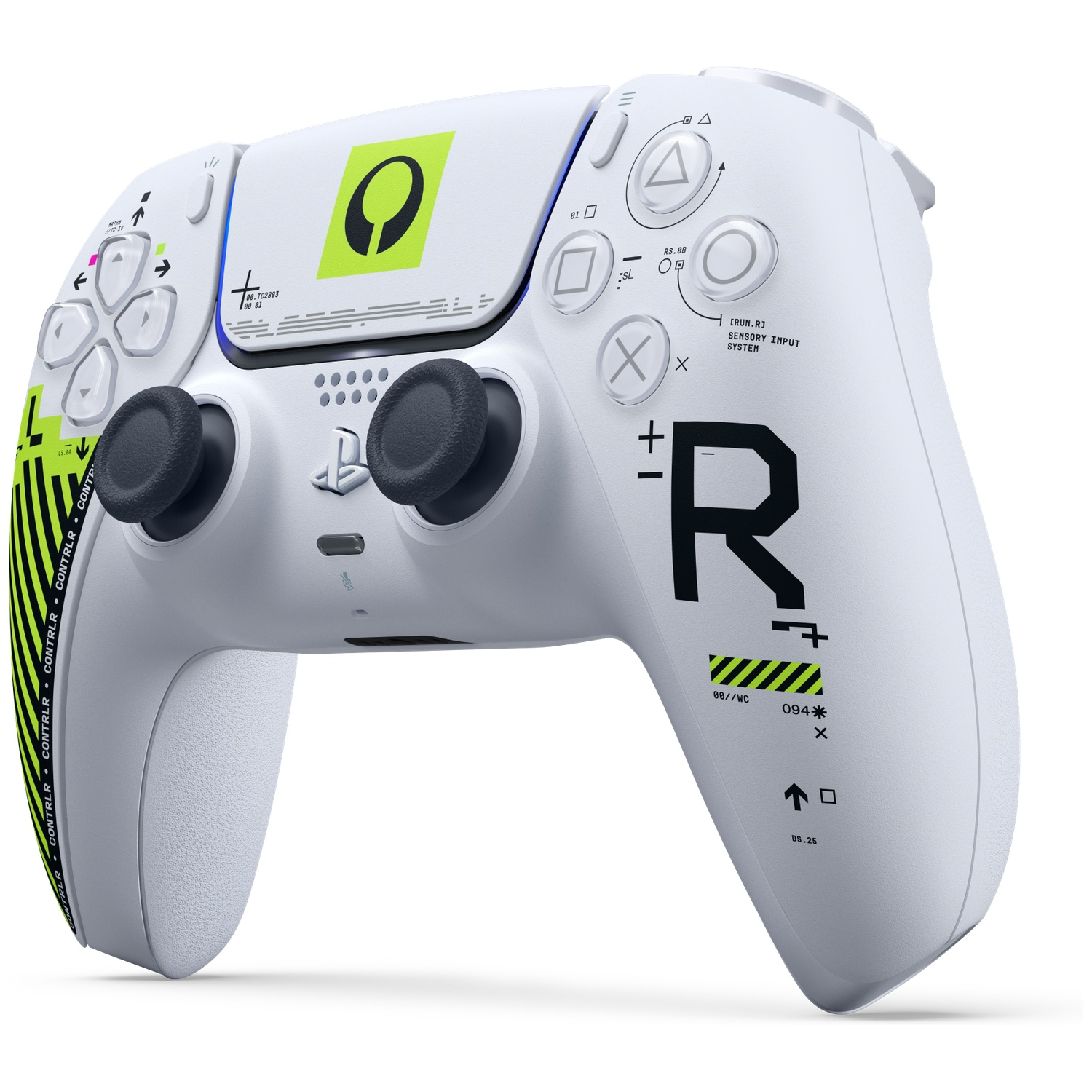 A white PlayStation 5 controller with black accents and a green logo.