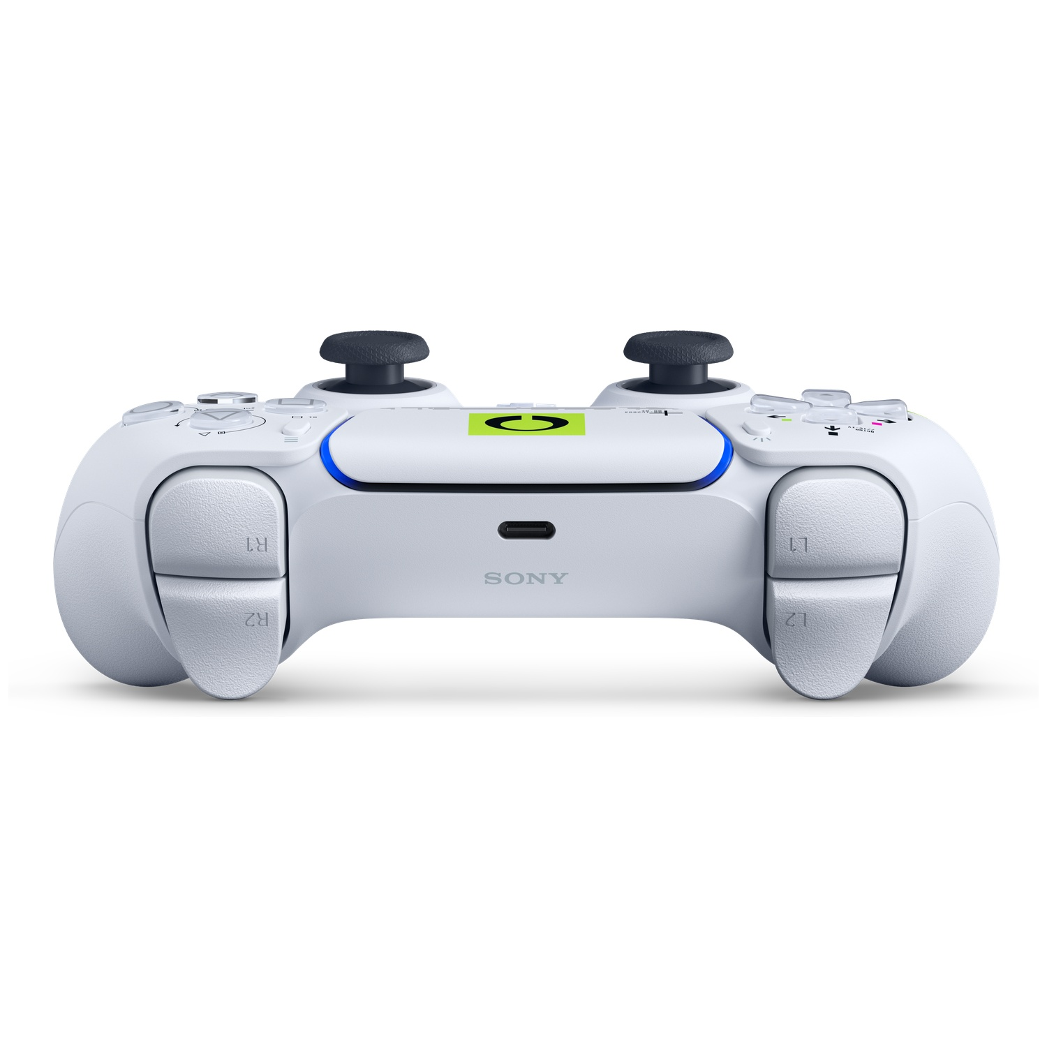 A white PlayStation 5 controller with two joysticks and buttons.