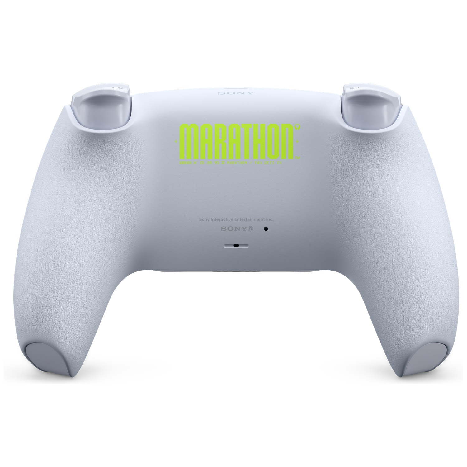 A white PlayStation 5 controller with the word MARATHON in neon green.