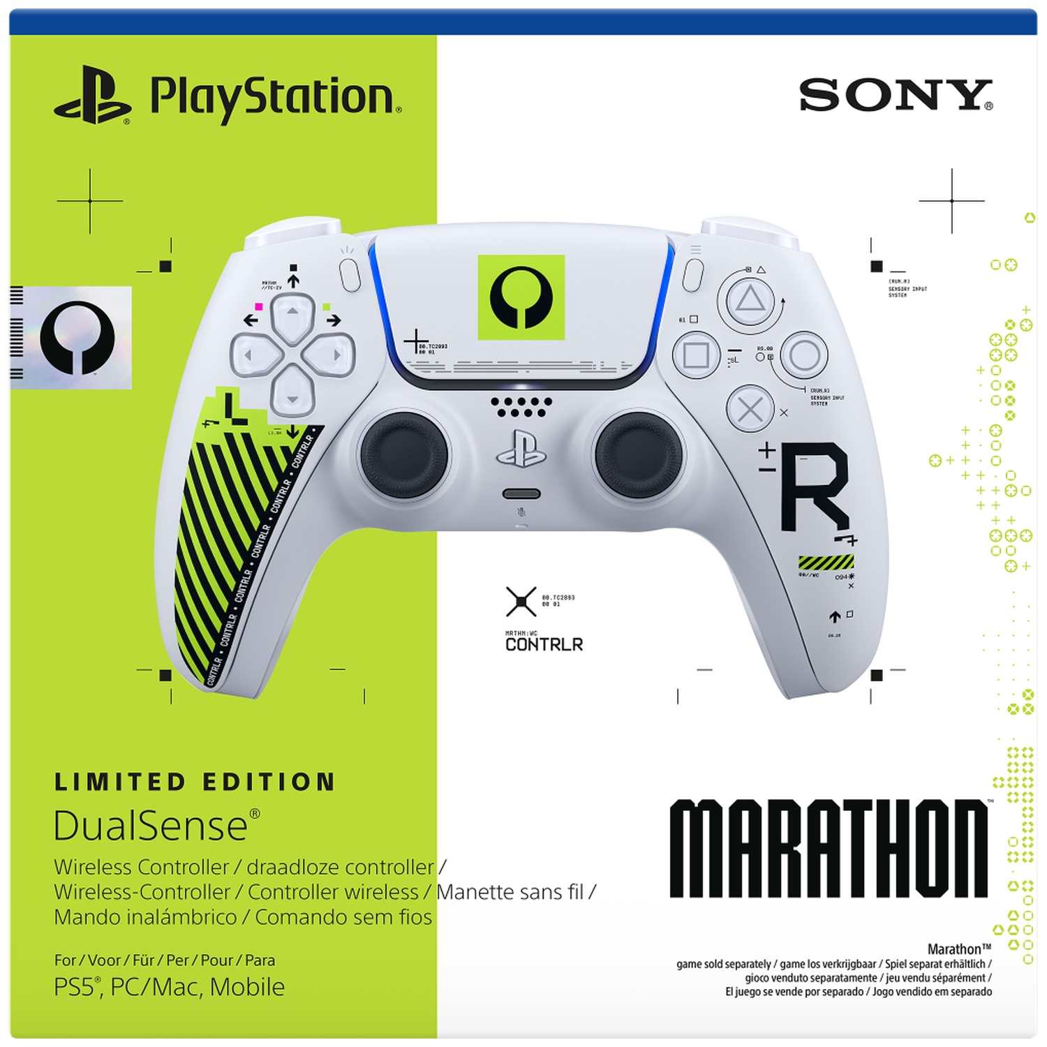 A white PlayStation DualSense controller, limited edition, with green accents and MARATHON text.