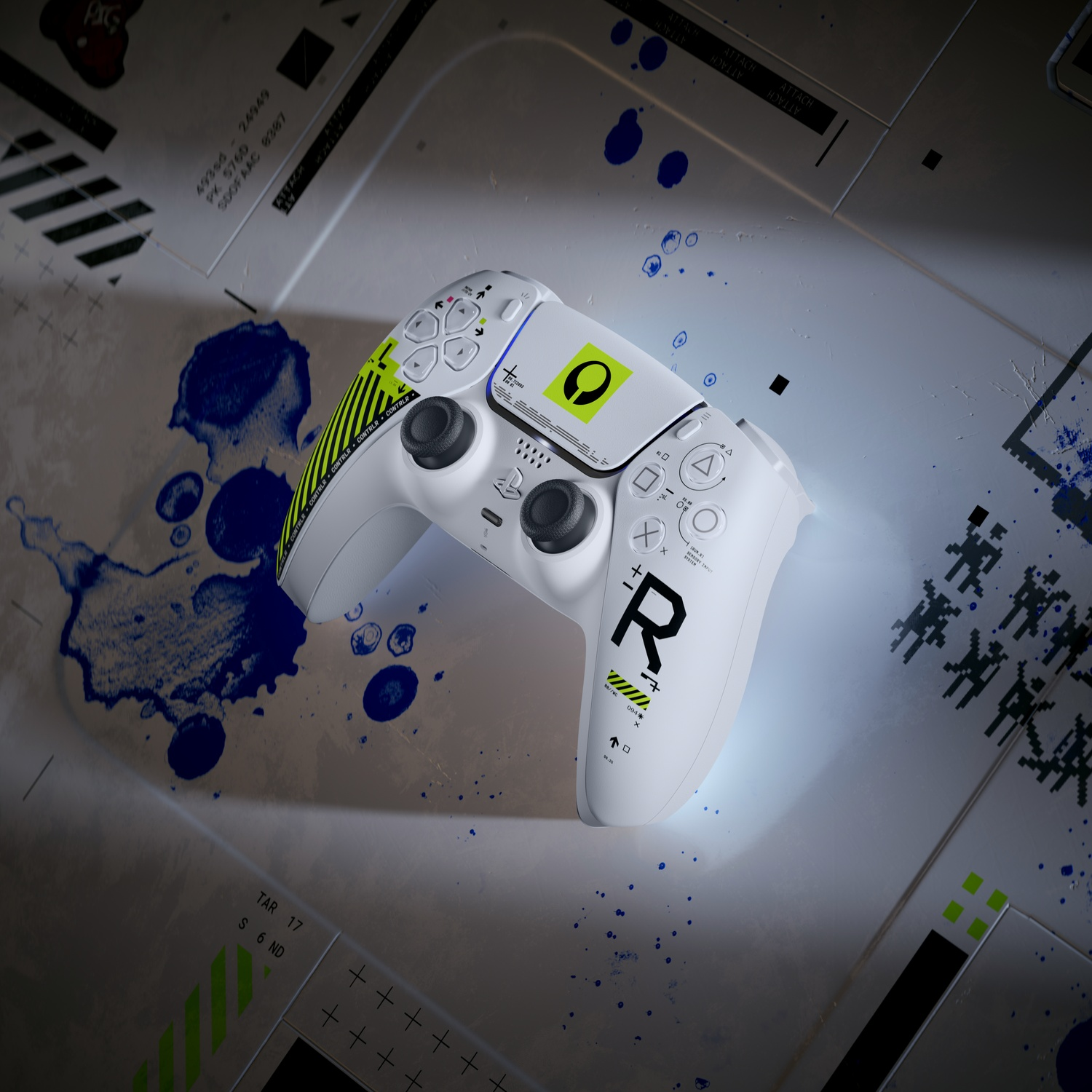 A white game controller with green and black accents on a surface.