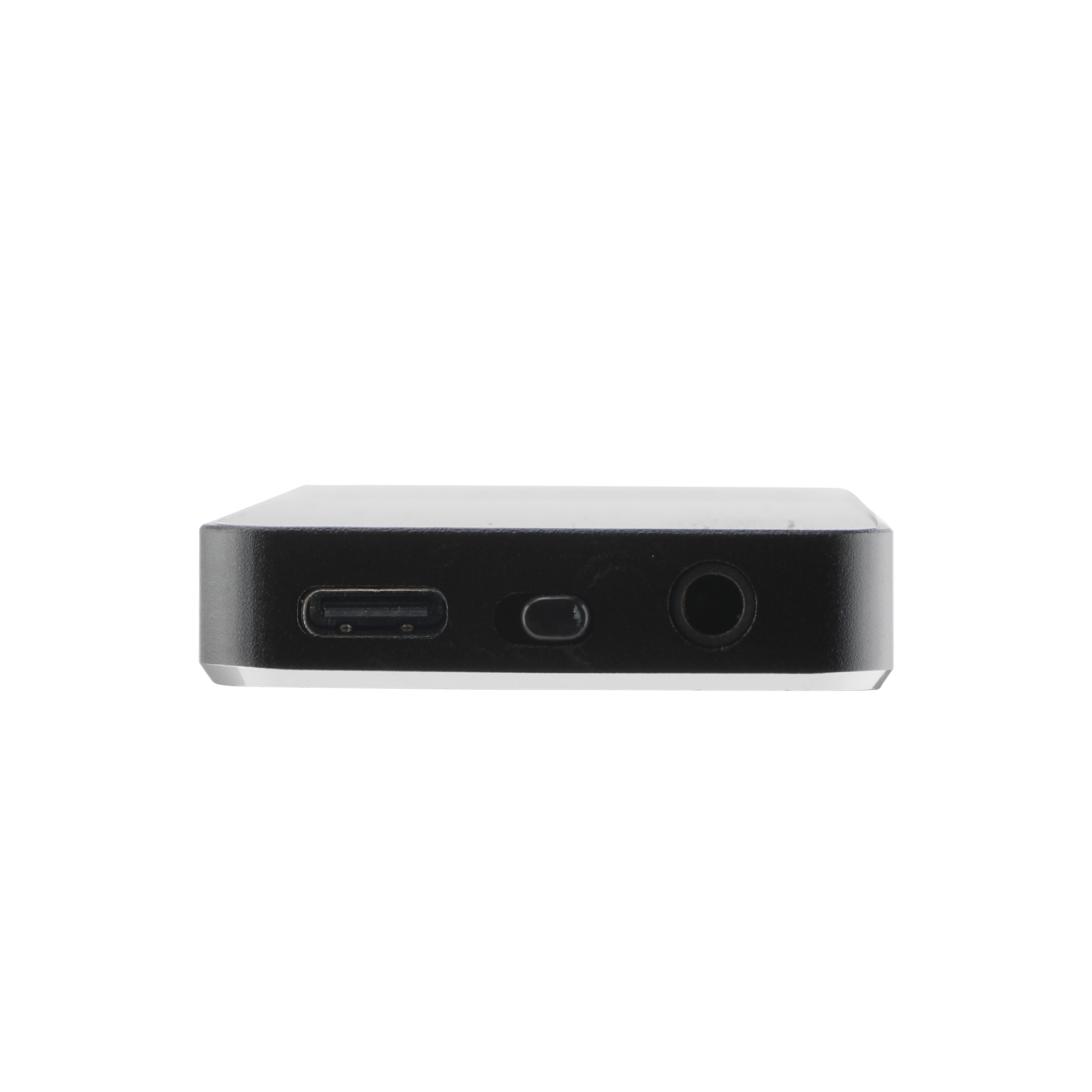 Ein schwarzes Rechteck mit Anschlüssen: USB-C, Lautstärke und Kopfhörer.