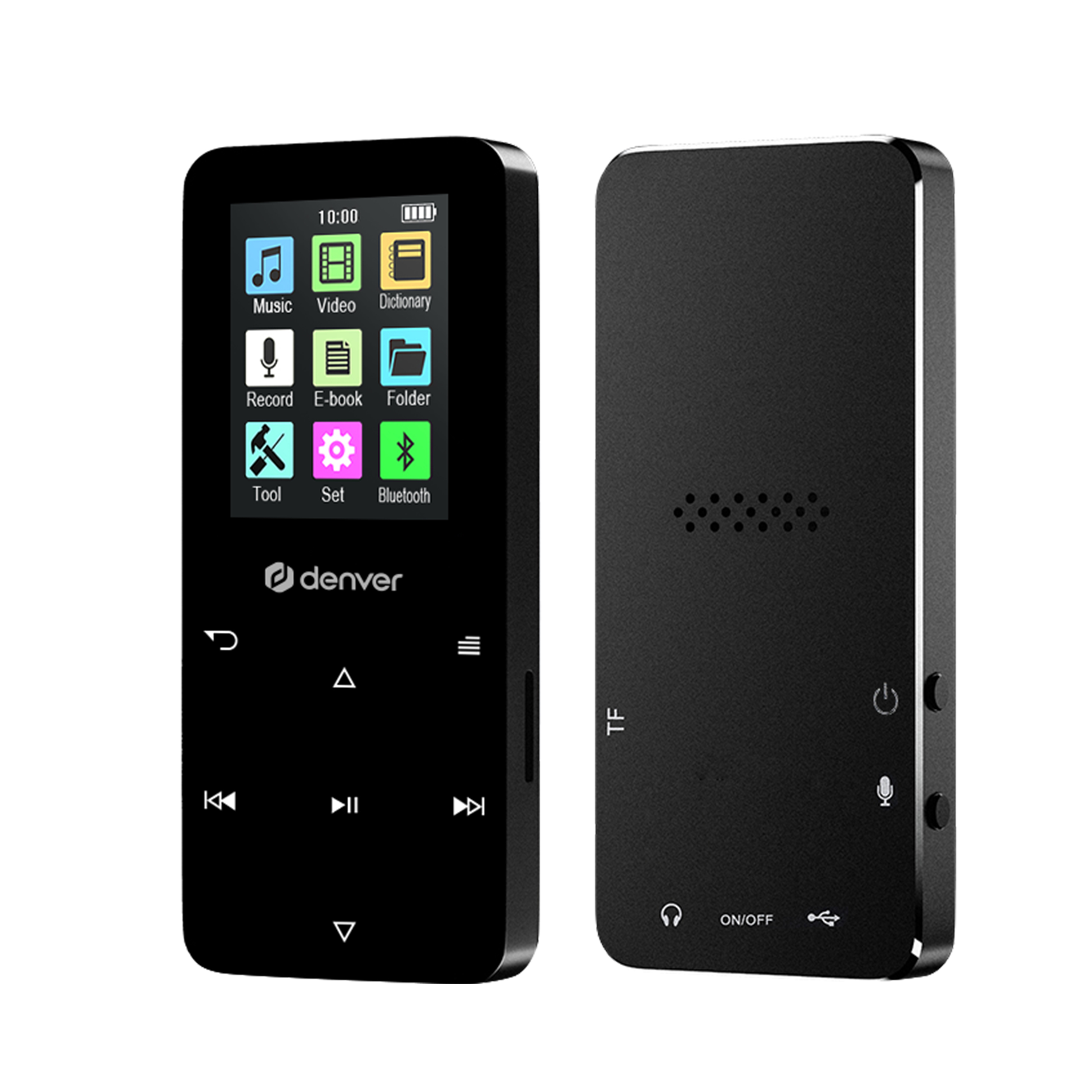 Schwarzer Denver MP3 Player mit Touchscreen und Bedienelementen.