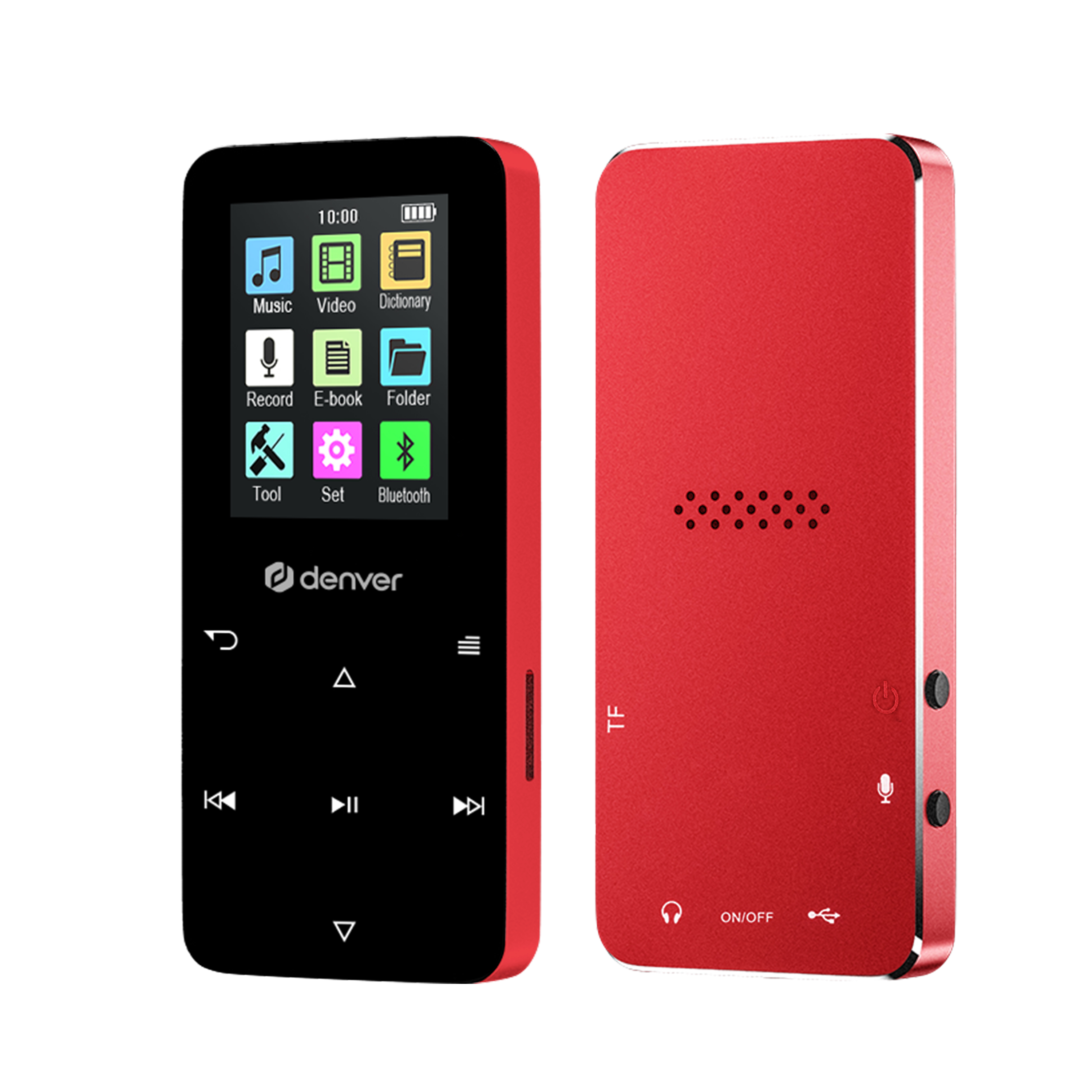 Ein rotes Denver MP3-Player mit einem schwarzen Bildschirm, der Apps anzeigt.