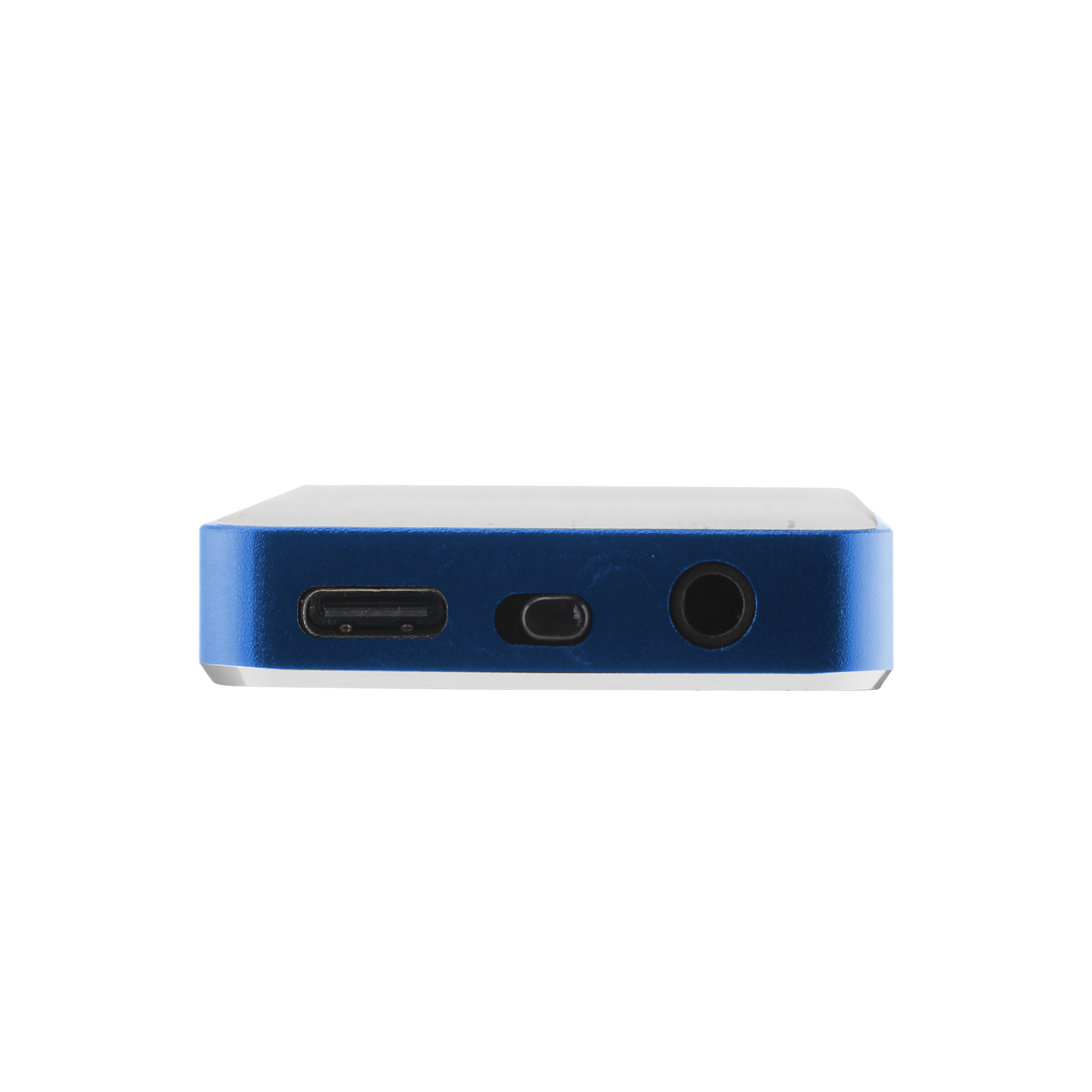 Blaues Gerät mit USB-, Ein/Aus- und Kopfhöreranschluss.