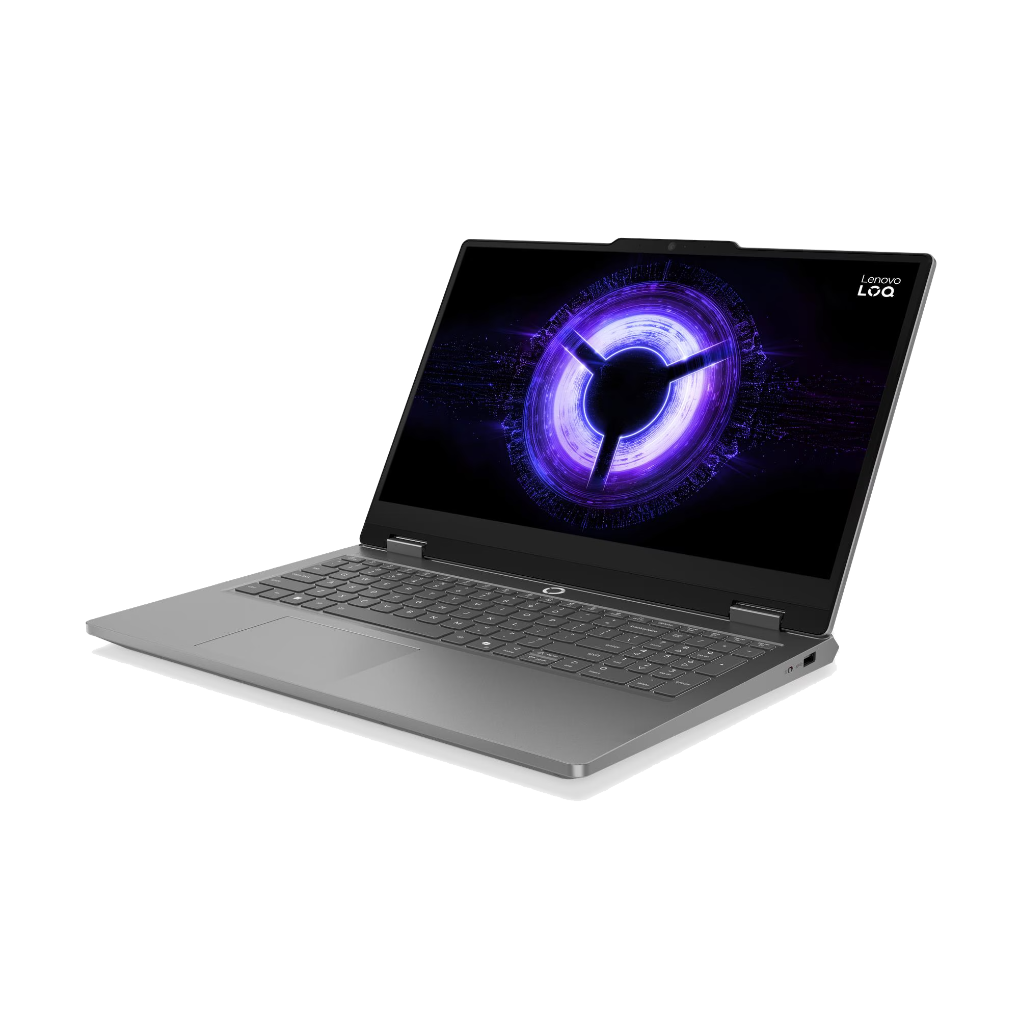Un portátil gris abierto con un círculo púrpura brillante en la pantalla.
