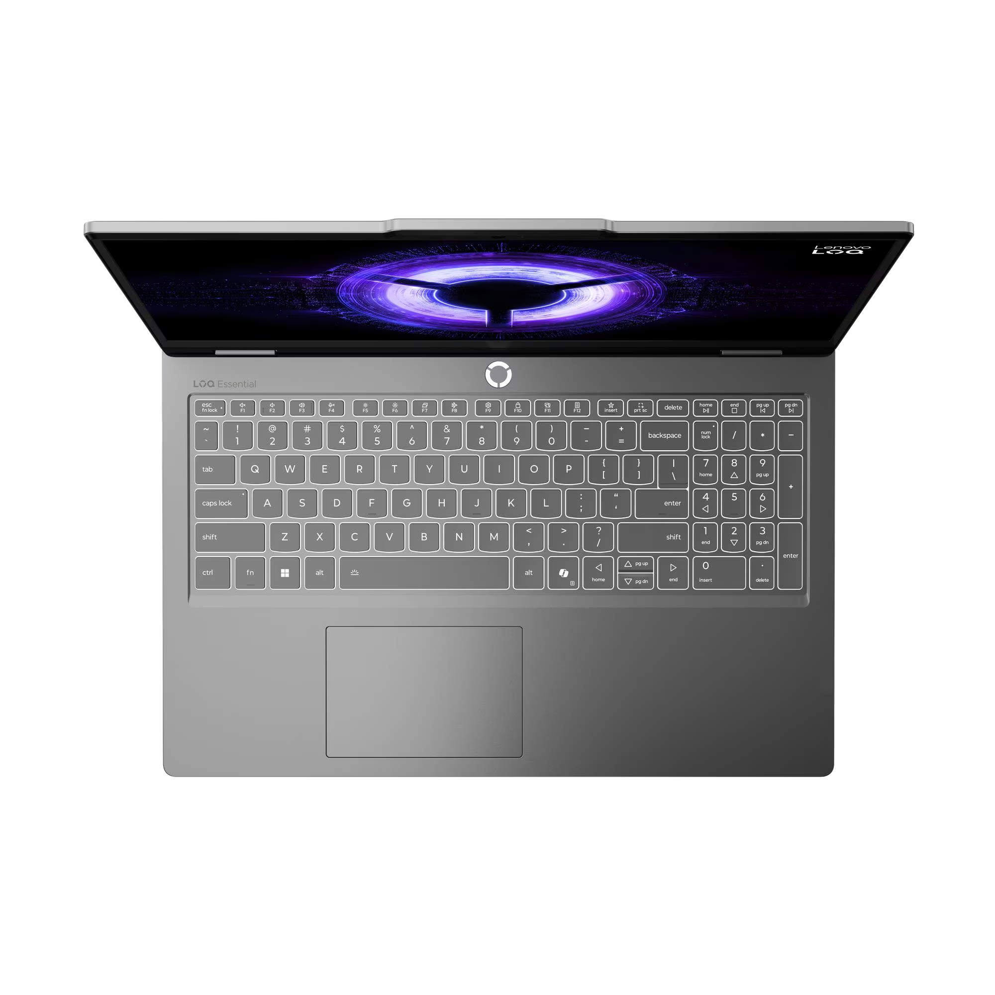 Un portátil gris abierto con un patrón morado brillante en la pantalla.