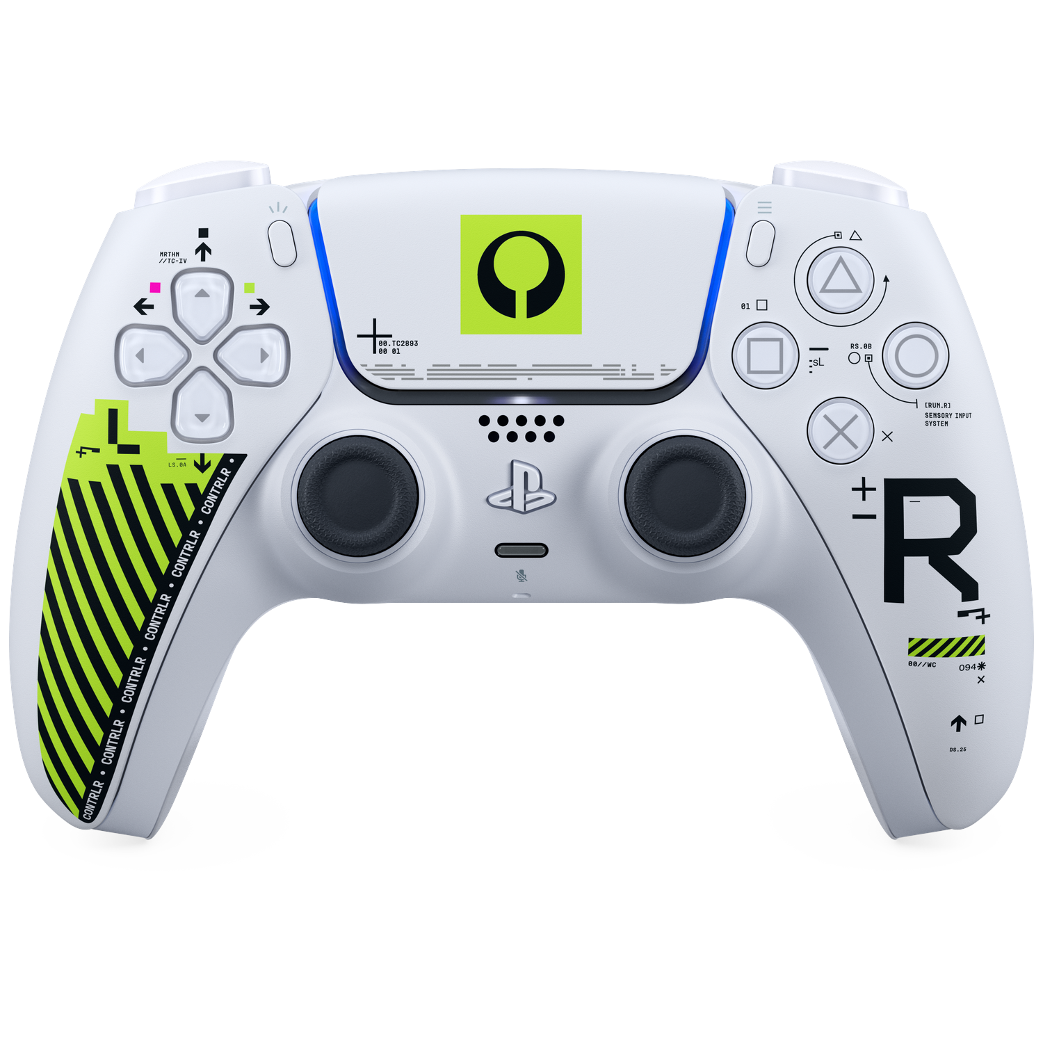 Witte gamecontroller met groene en zwarte accenten. Bevat symbolen en tekst.
