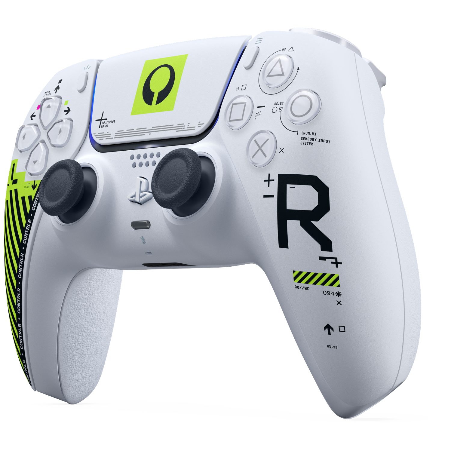 Witte gamecontroller met neon-groene accenten en zwarte knoppen, met unieke graphics.