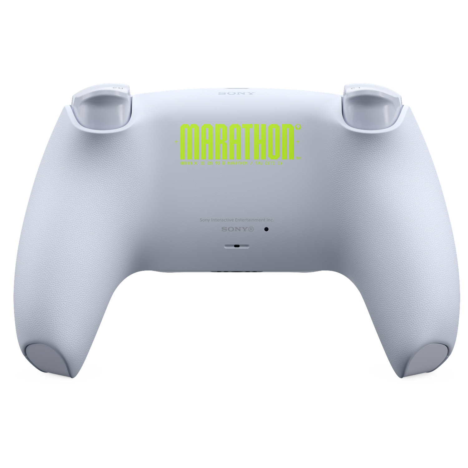 Een lichtgrijze PlayStation 5 controller met groene MARATHON tekst.