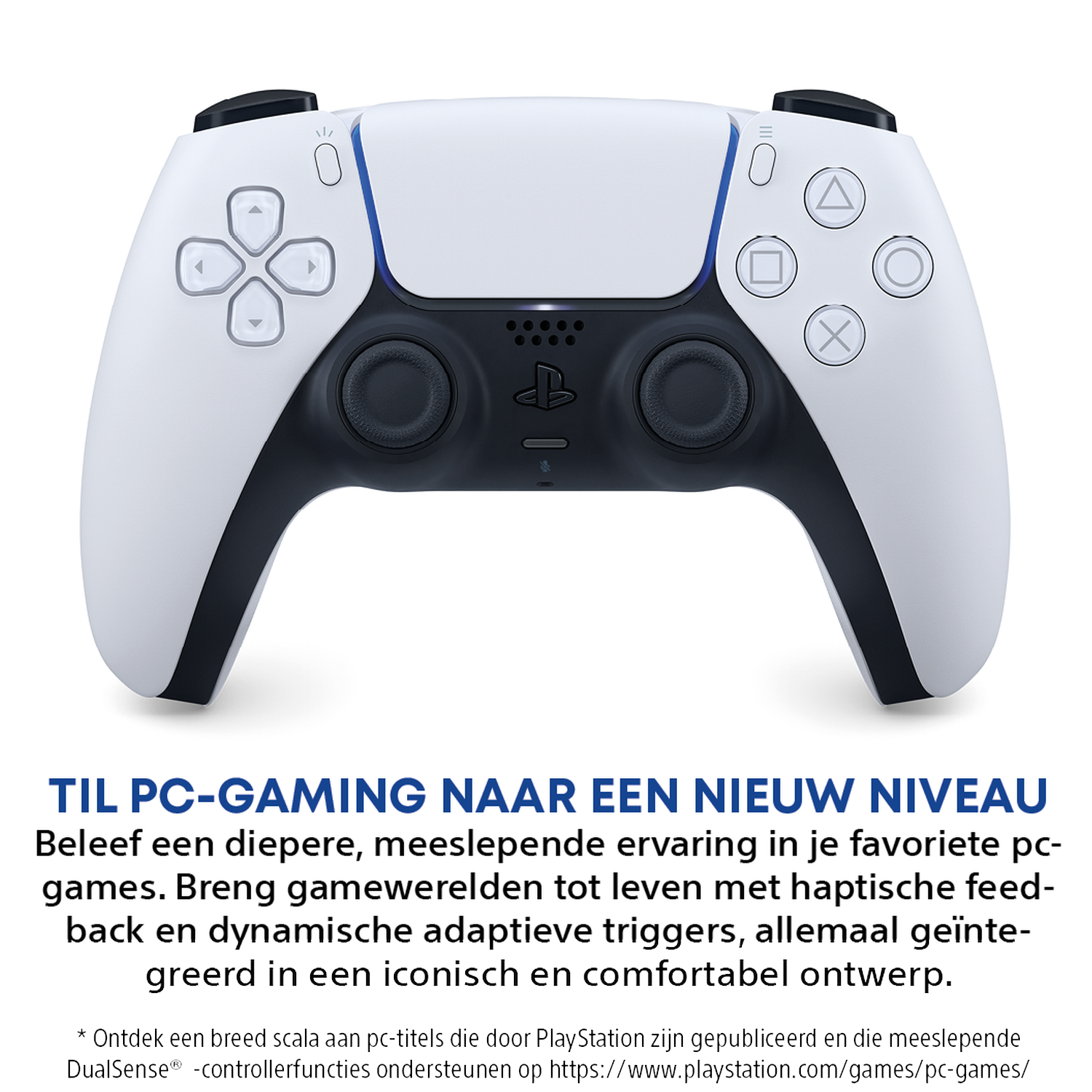 Een witte PlayStation 5 DualSense controller met zwarte accenten.